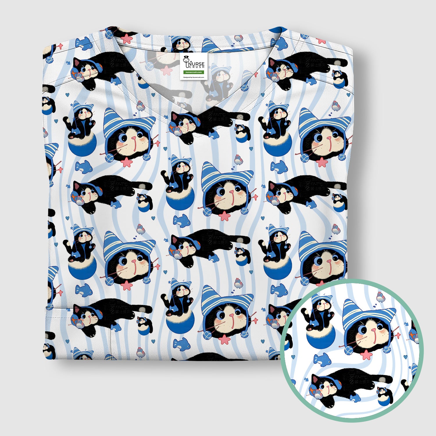 Charming Kitten Fish Pattern Scrub Top, Comfortable Scrubs for Nurses