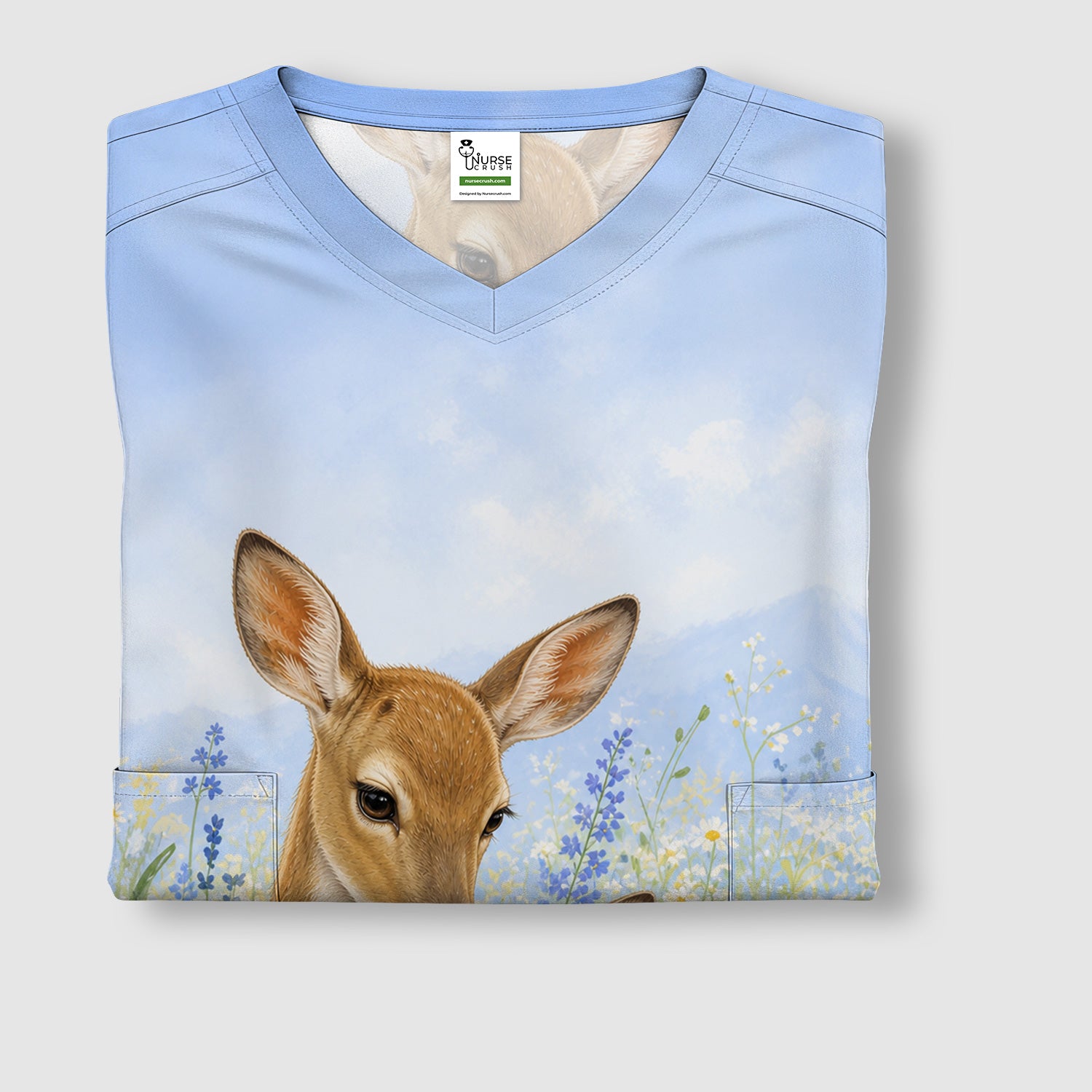 Cute Deer Mother Baby With Meadow Pattern Scrub Top, Comfortable Scrubs for Nurses