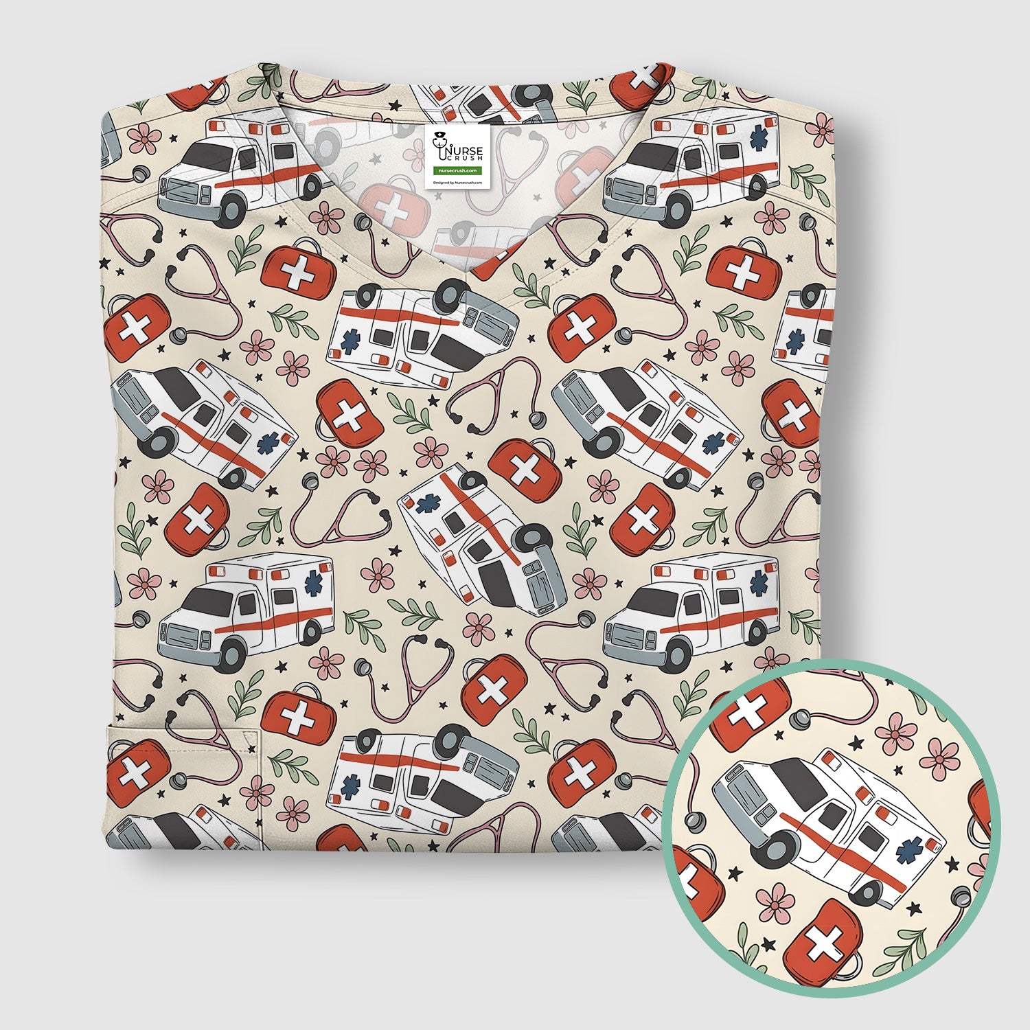 Ambulance Stethoscope First Aid Floral Pattern Scrub Top, Comfortable Scrubs for Nurses