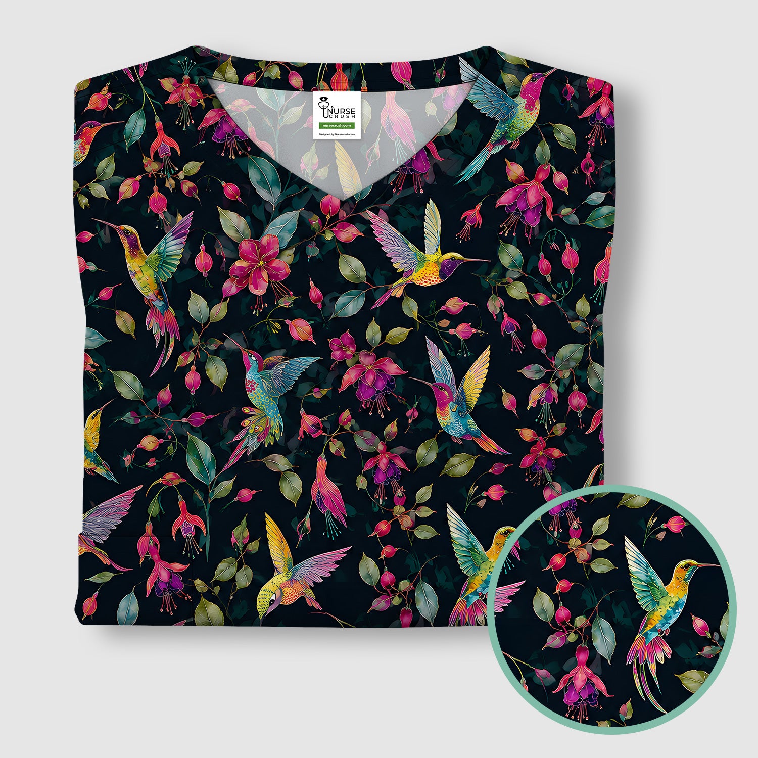 Hummingbird Fuchsia Bloom Pattern Scrub Top, Comfortable Scrubs for Nurses
