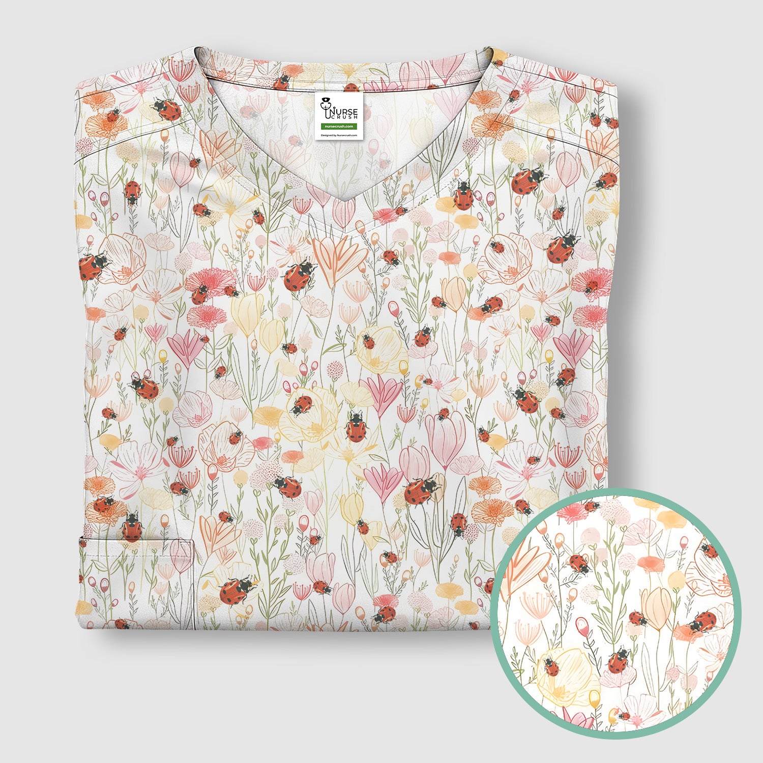 Cute Nurse Wildflower Ladybug Garden Pattern Scrub Top, Comfortable Scrubs for Nurses