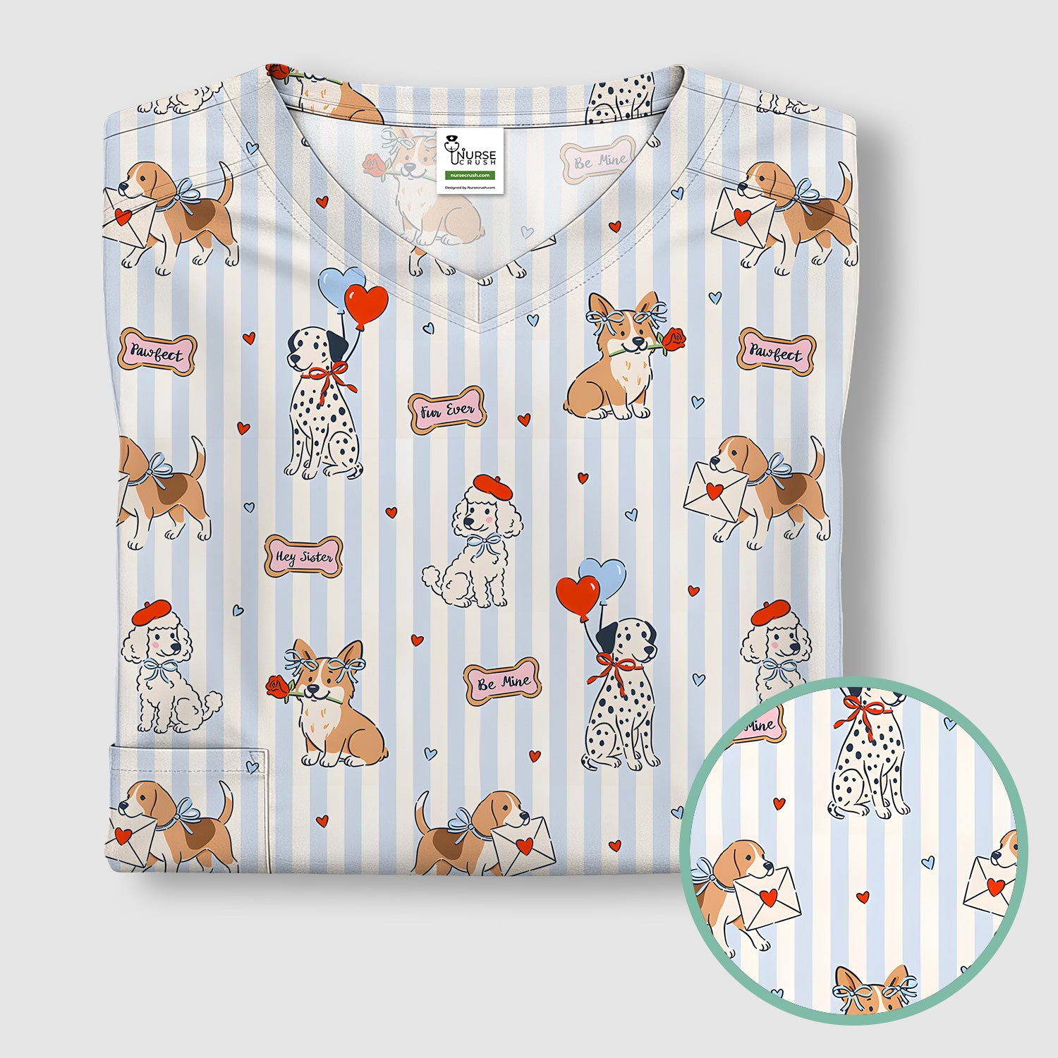 Valentine Puppy Heart Pattern Scrub Top, Comfortable Scrubs for Nurses