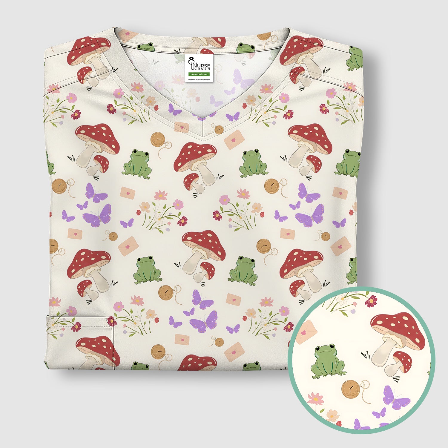 Adorable Nurse Frog and Mushroom Garden Print Scrub Top, Comfortable Scrubs for Nurses