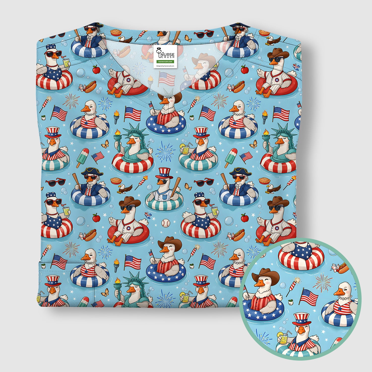 Funny Patriotic Duck Pool Party Pattern Scrub Top, Comfortable Scrubs for Nurses