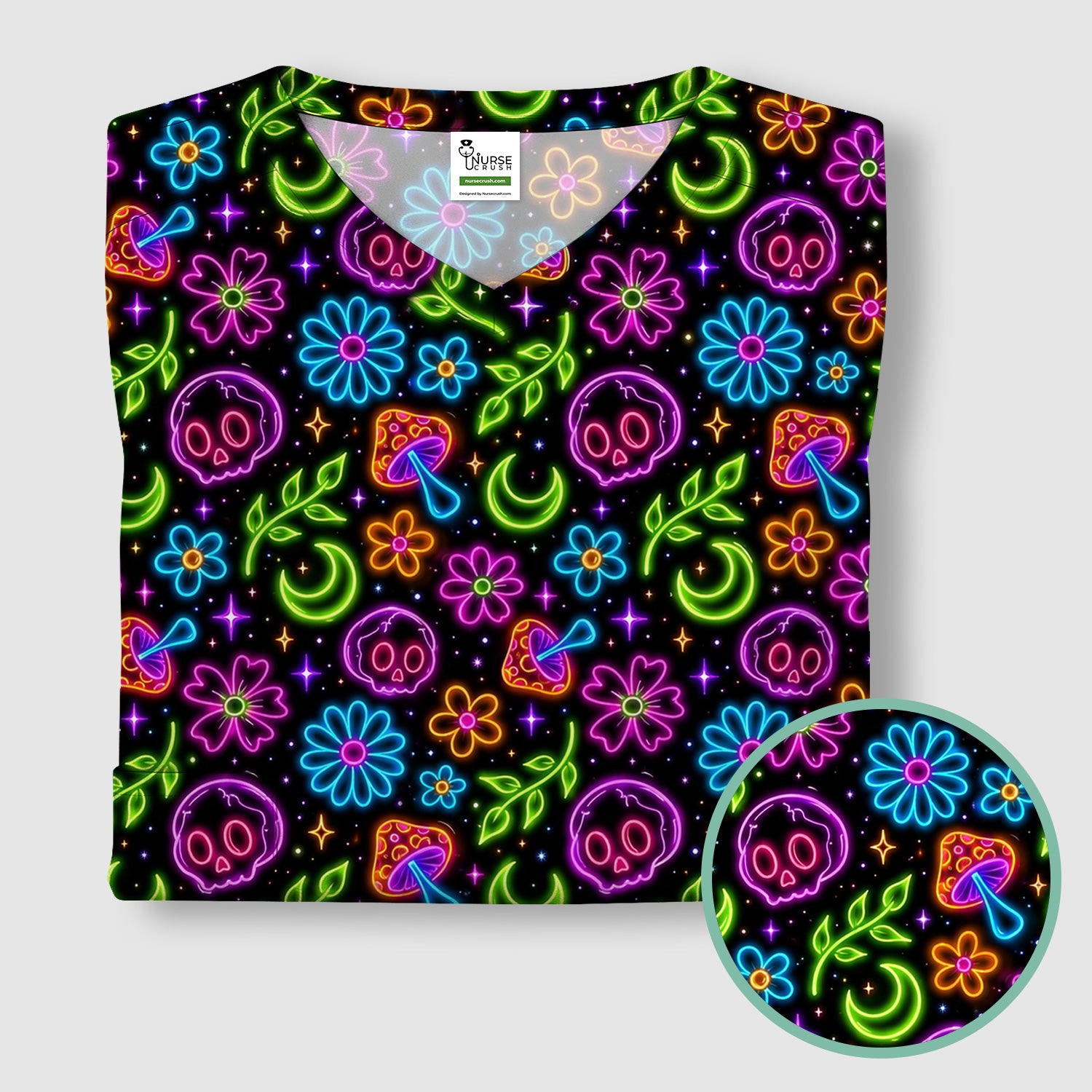 Neon Skull Mushroom Floral Scrub Top, Colorful Gothic Nurse Scrubs Uniform