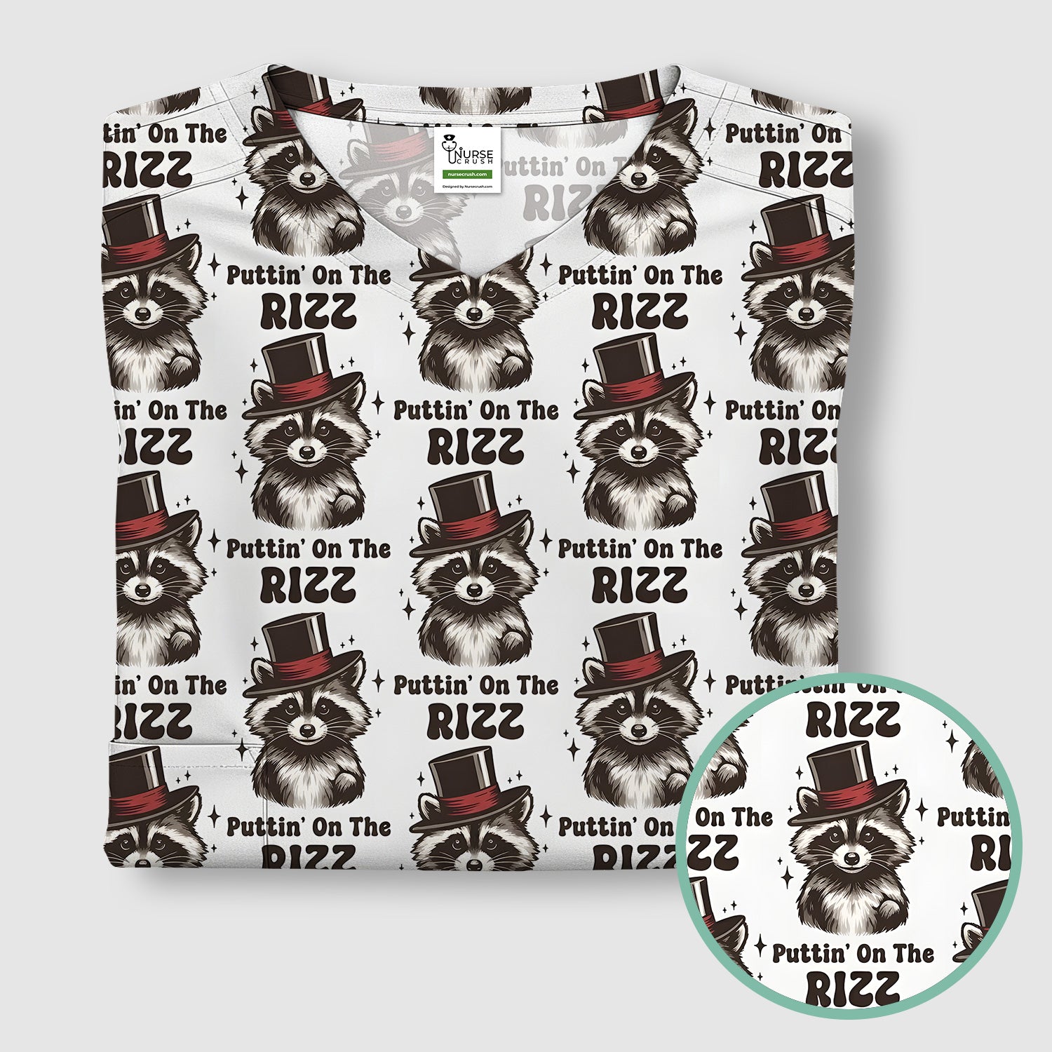 Raccoon Wearing Top Hat Puttin On The Rizz Scrub Top, Breathable Fabrics Nursing Uniform
