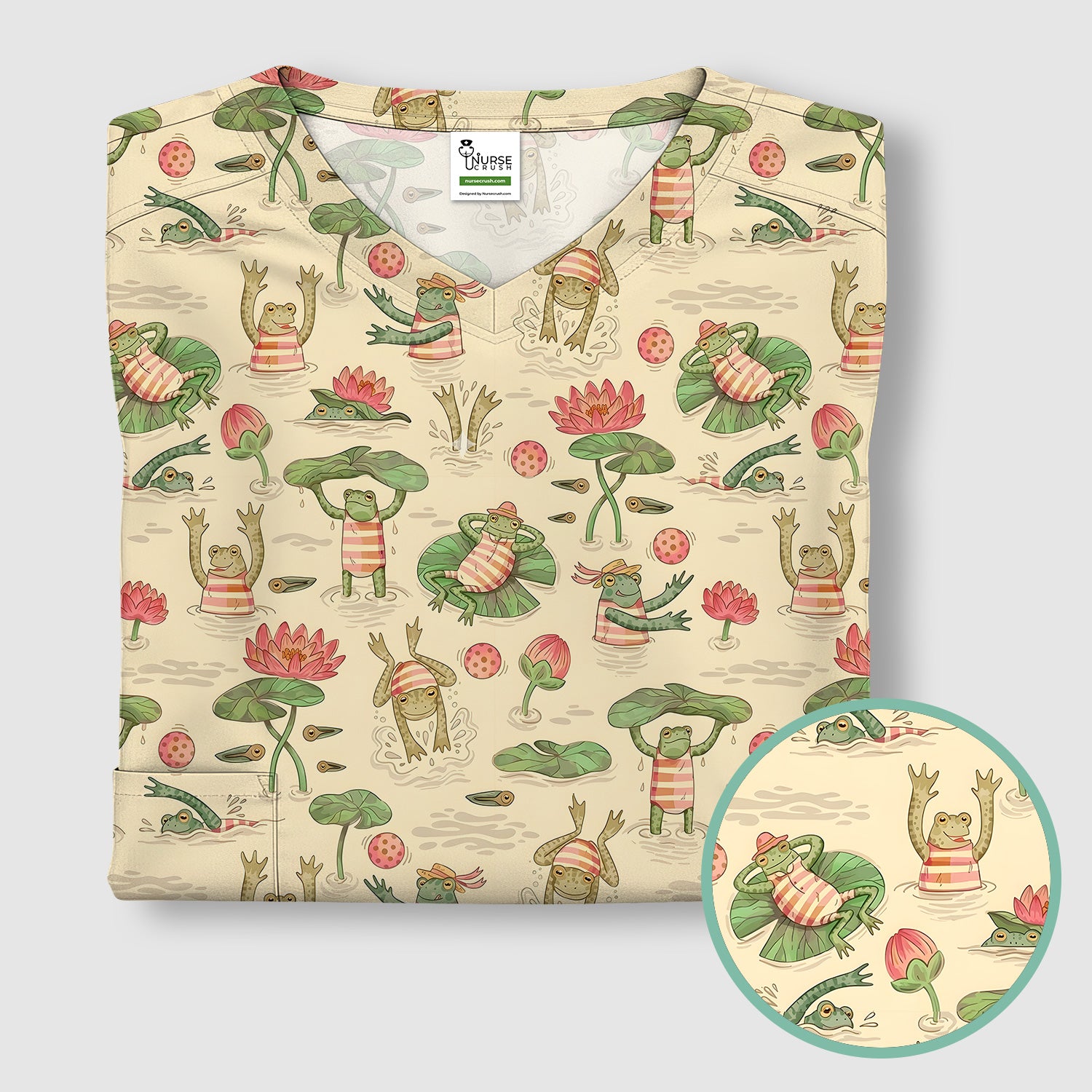 Cute Frogs Swimming Lily Pond Pattern Scrub Top, Comfortable Scrubs for Nurses
