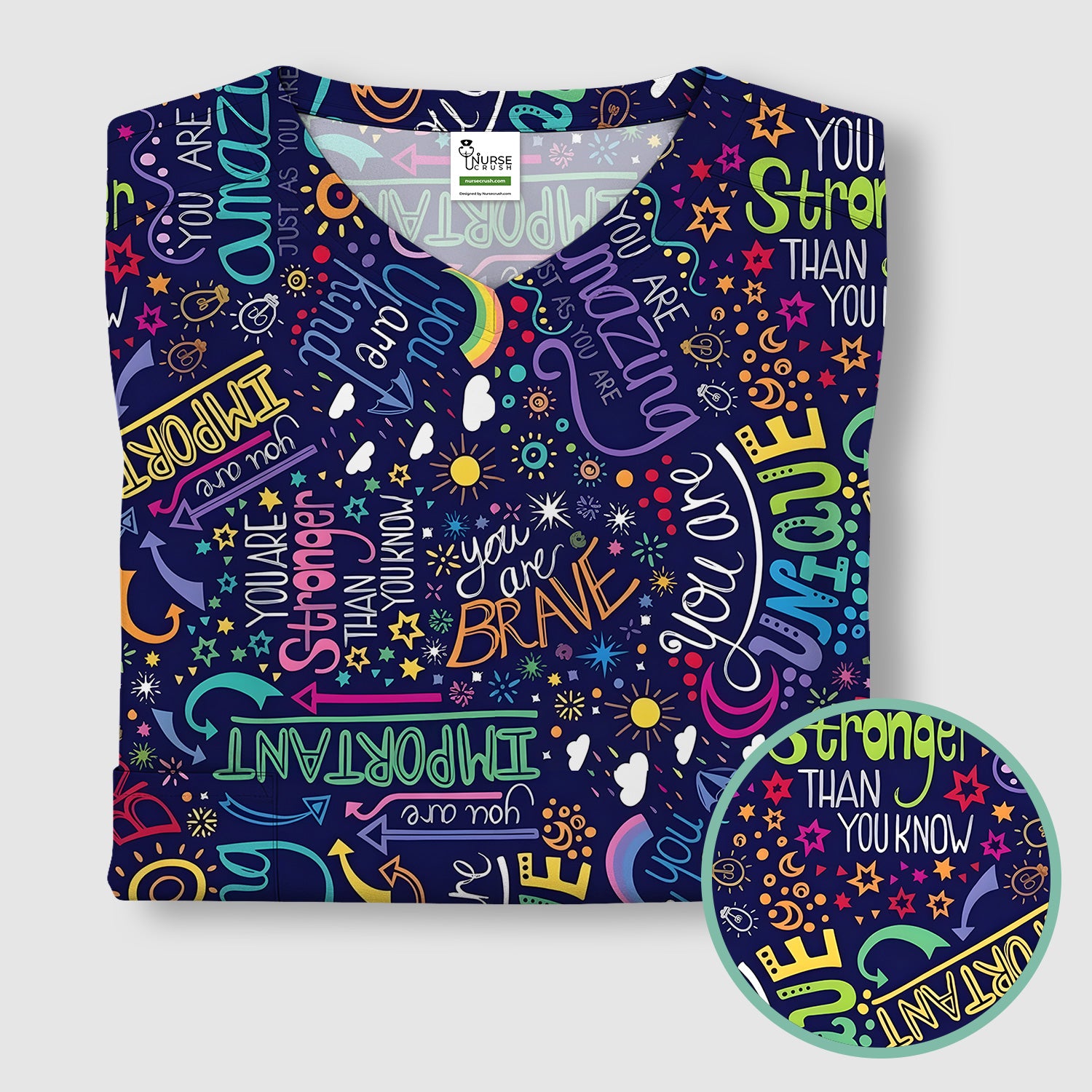 Inspirational Quote Pattern Scrub Top, Breathable Fabrics Nursing Uniform