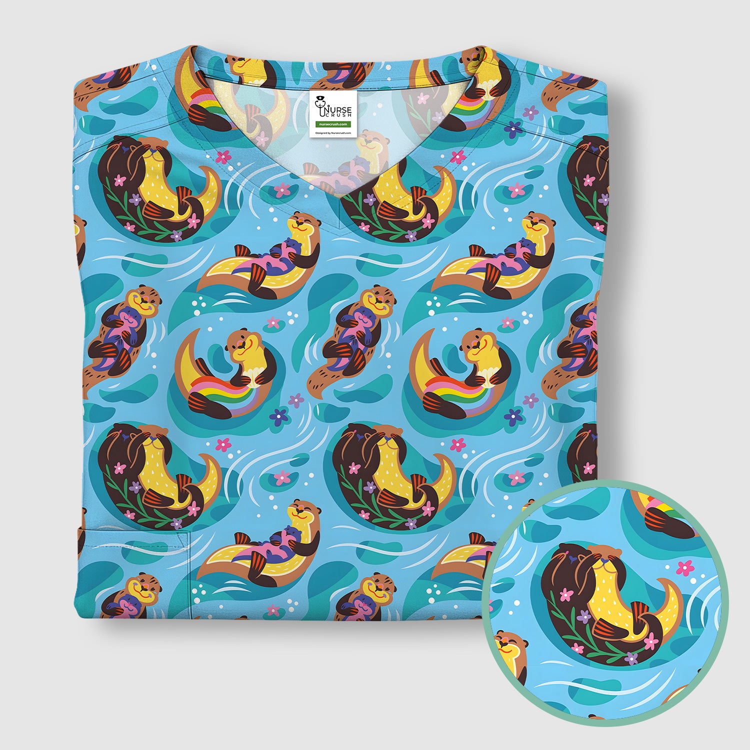 Otter Floating River Rainbow Pattern Scrub Top, Comfortable Scrubs for Nurses