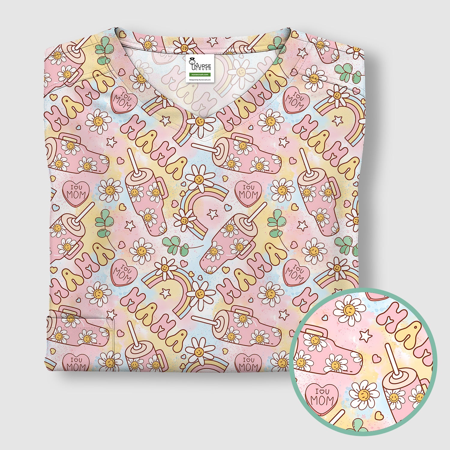 Sweet Nurse Mama Daisy Rainbow Pattern Scrub Top, Comfortable Scrubs for Nurses