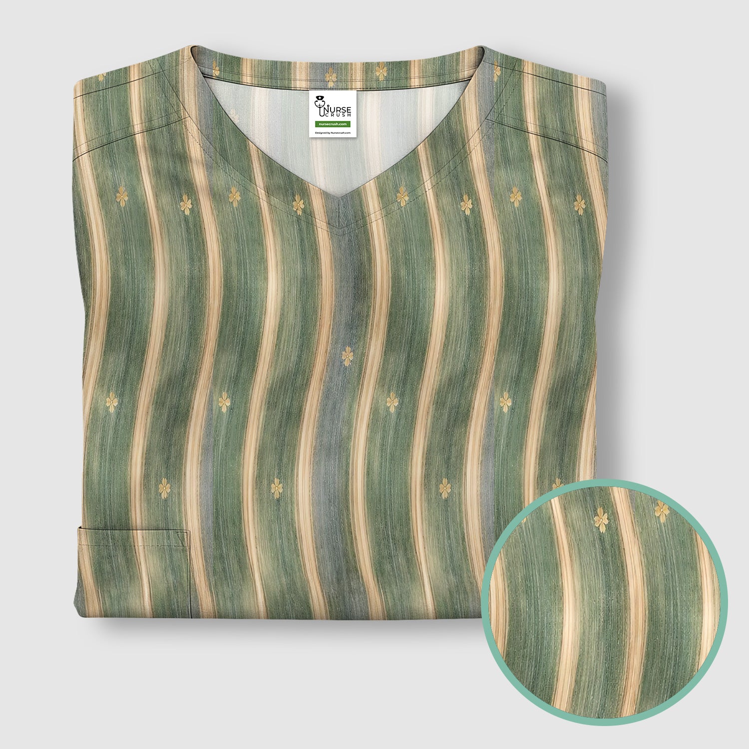 Charming Nurse Green Vertical Stripe Small Floral Pattern Scrub Top, Comfortable Scrubs for Nurses