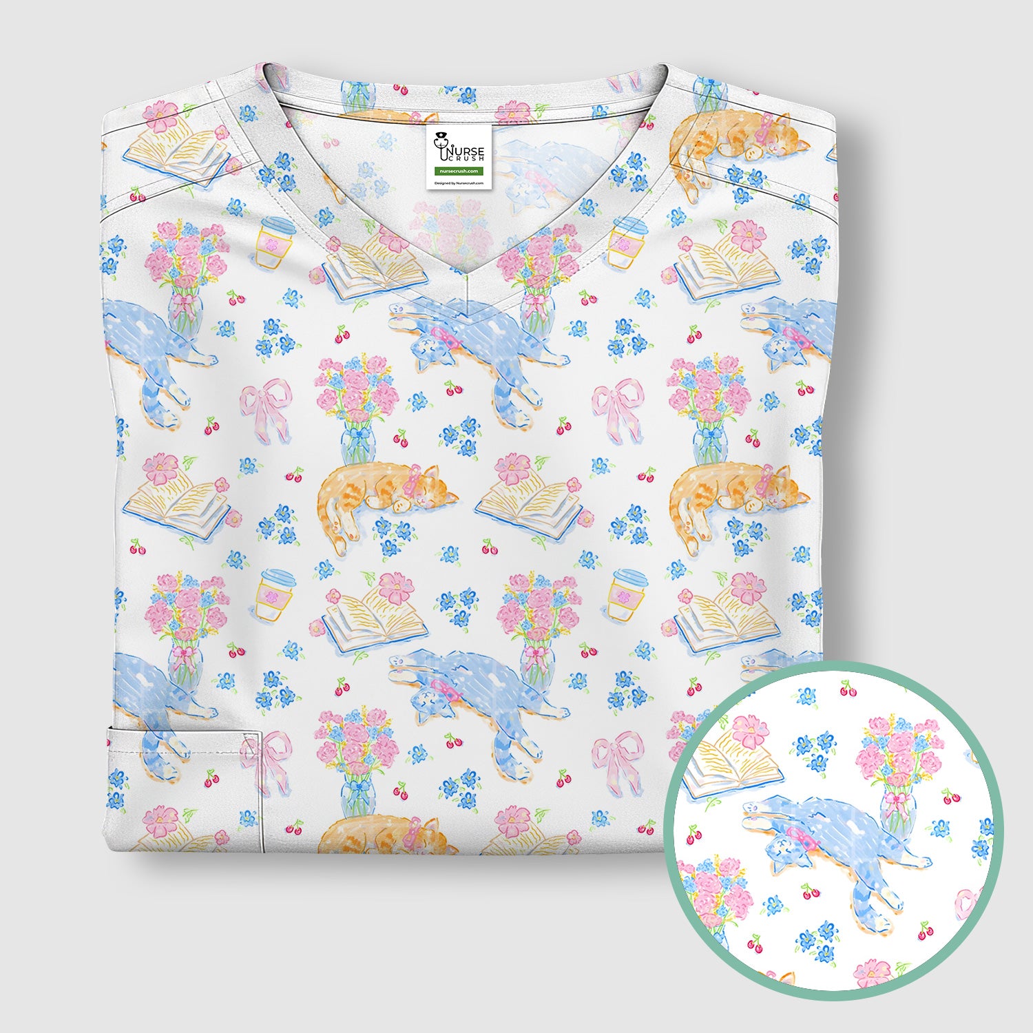 Cute Cats Reading Floral Books Pattern Scrub Top, Comfortable Scrubs for Nurses