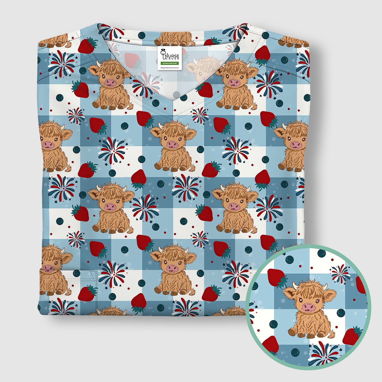 Highland Cow Strawberry Firework Gingham Pattern Scrub Top, Comfortable Scrubs for Nurses
