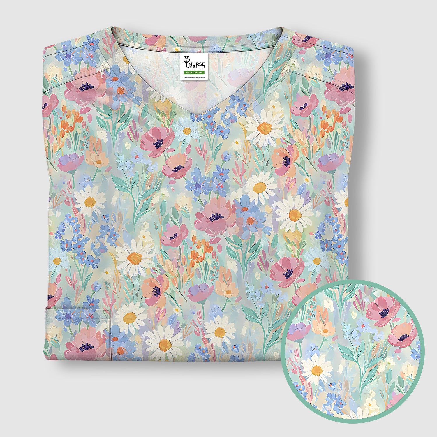 Pastel Wildflower Meadow Floral Pattern Scrub Top, Breathable Fabrics Nursing Uniform