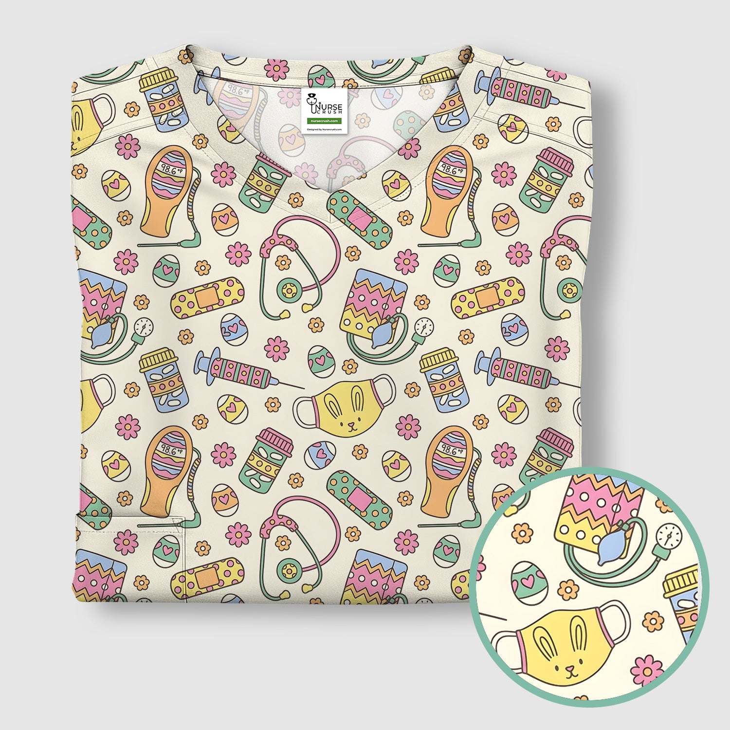 Easter Nurse Bunny Medical Pattern Scrub Top, Breathable Fabrics Nursing Uniform