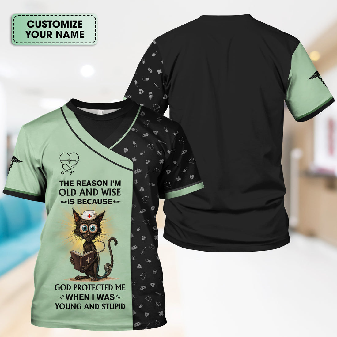 Personalized Funny Christian Nurse Shirt with Cat Design - God Protected Me Quote - Custom Name RN LPN CNA Gift