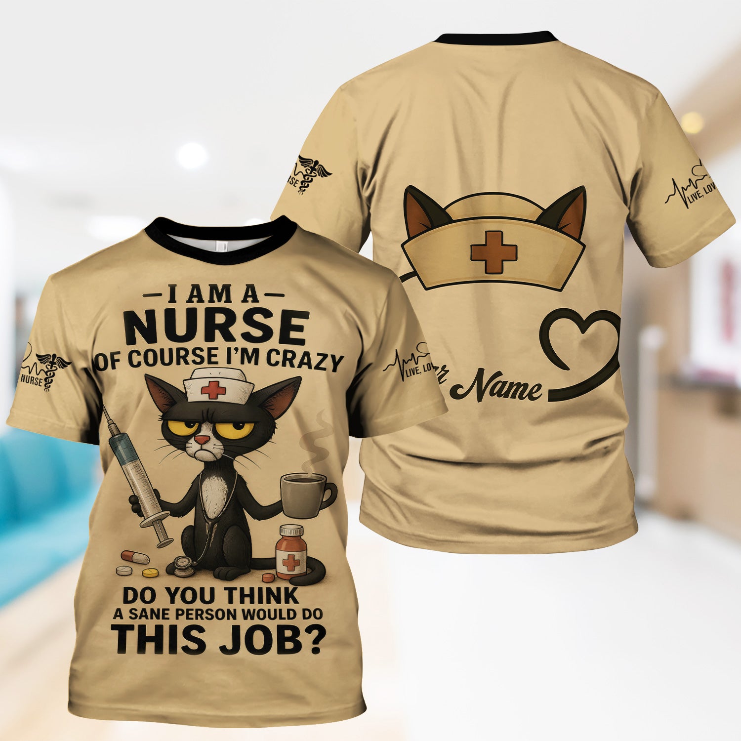 Funny Personalized Nurse Scrub Top - Grumpy Cat Holding Syringe Coffee & Pills - Do You Think A Sane Person Would Do This Job - Custom Gift for RN LPN CNA Women