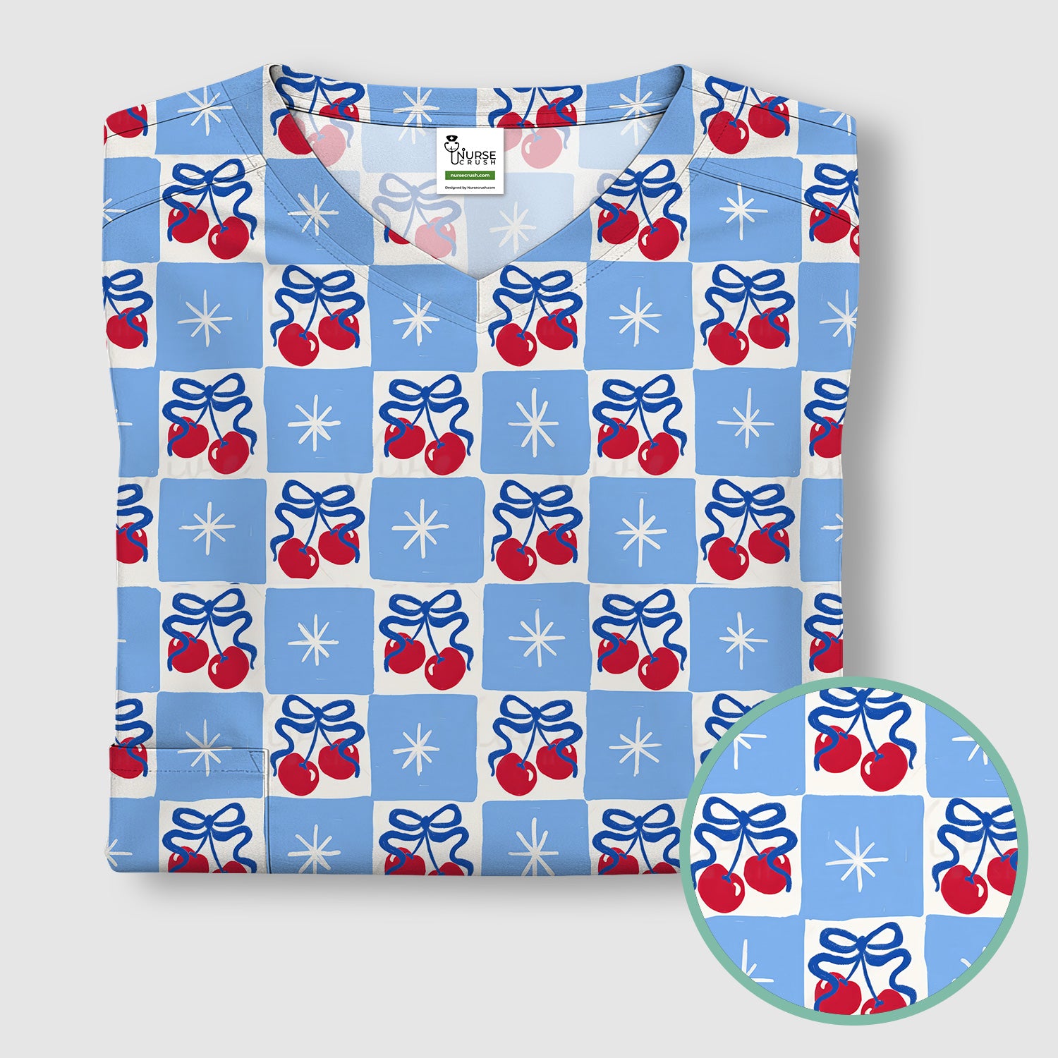 Cute Cherry Bow With Blue Gingham Check Pattern Scrub Top, Comfortable Scrubs for Nurses