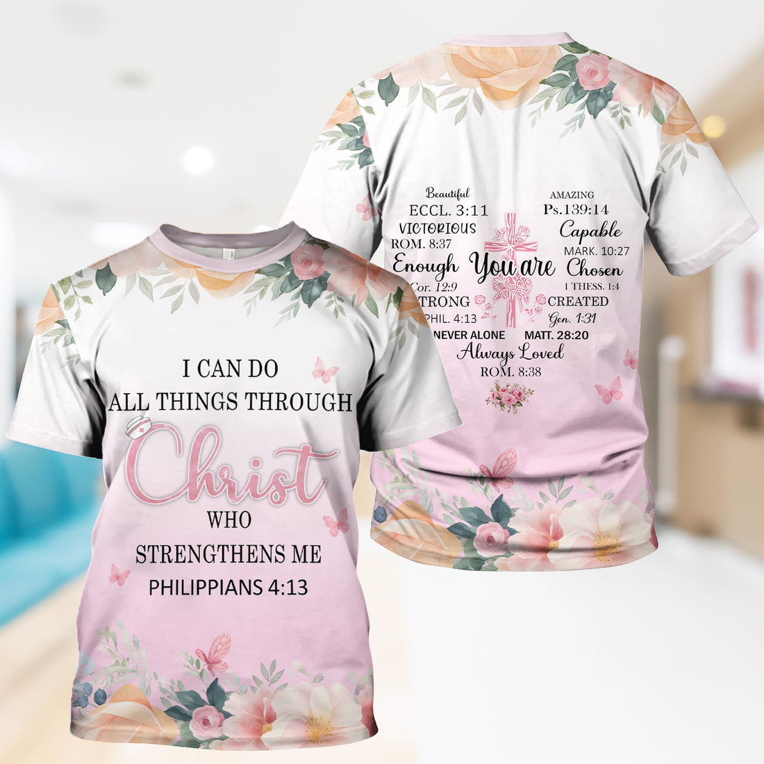 Christian Inspirational Floral Shirt - Inspirational Bible Verse Apparel - Gift for RN LPN CNA Healthcare Staff