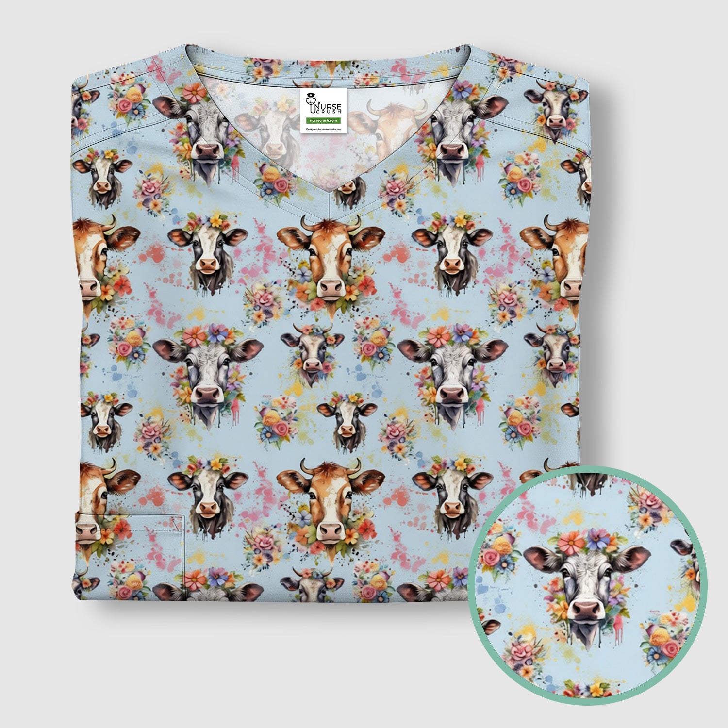 Cute Floral Cow Farm Animal Pattern Scrub Top, Comfortable Scrubs for Nurses
