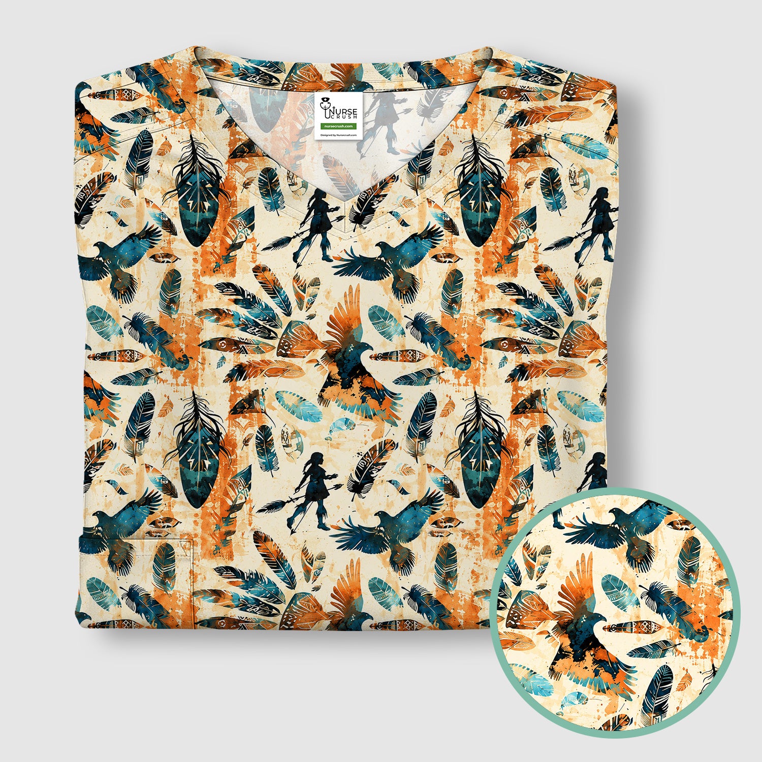 Feather Birds Tribal Print Scrub Top, Comfortable Scrubs for Nurses
