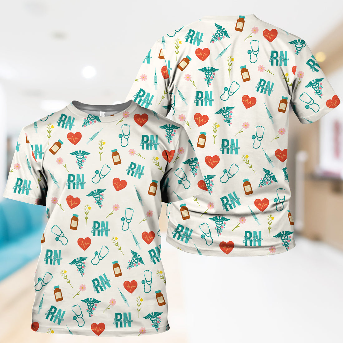 Personalized RN T-Shirt for Women - Graphic Tee with Cute Medical Pattern - Gift for CNA, LPN, Medical Worker