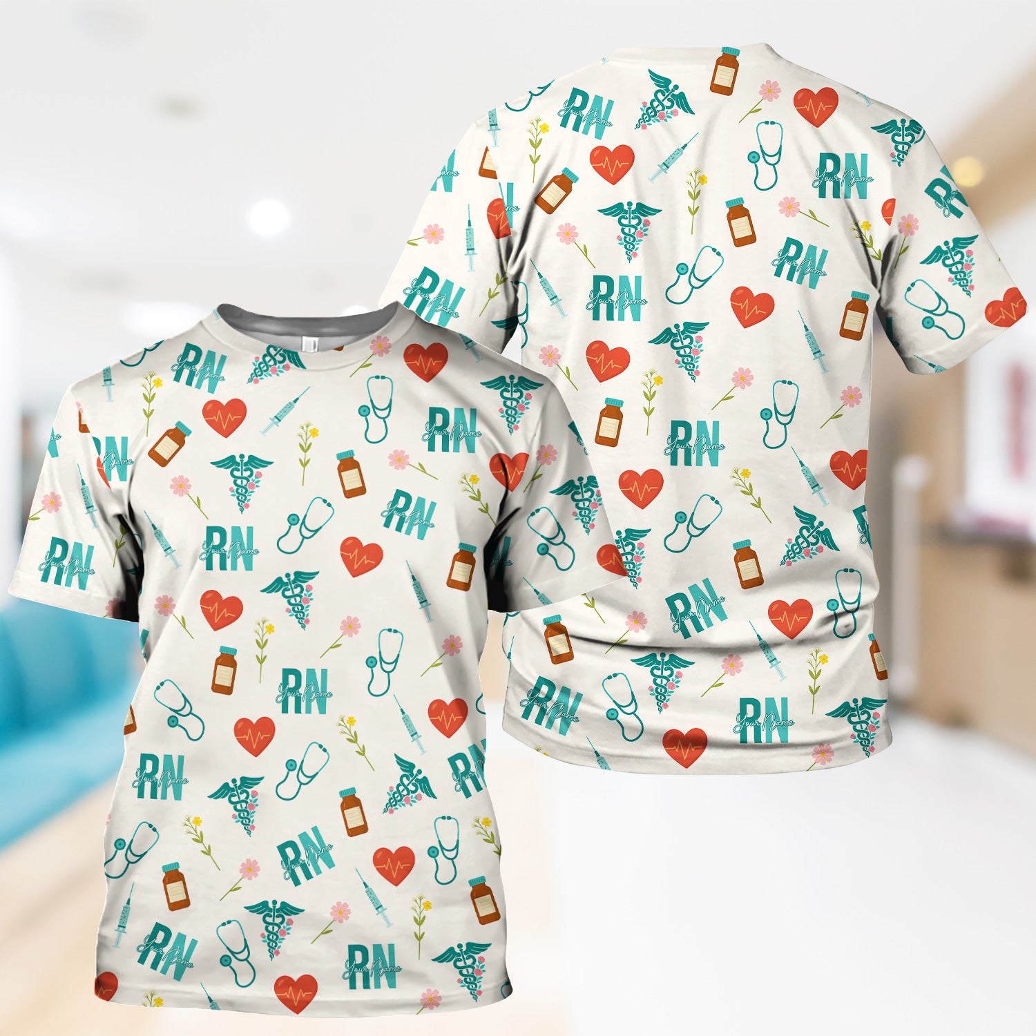 Personalized RN T-Shirt for Women - Graphic Tee with Cute Medical Pattern - Gift for CNA, LPN, Medical Worker