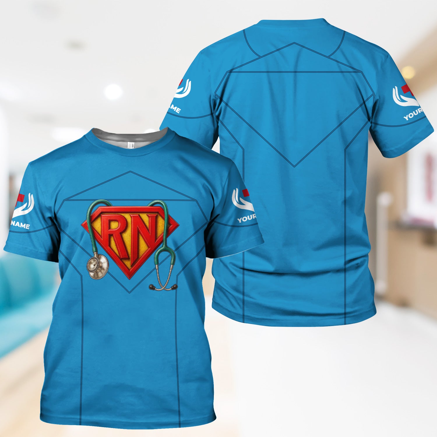 Personalized Funny RN Symbol Nurse Scrub for Women - Superhero Design with Stethoscope - Gift for RN LPN CNA Medical Staff