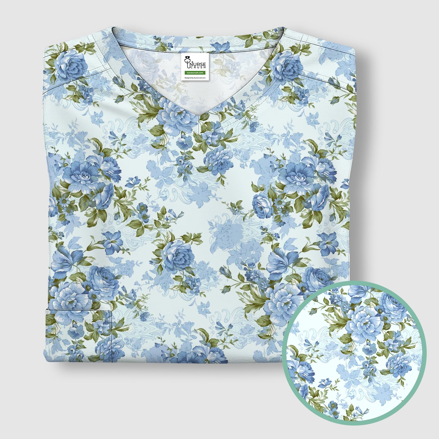 Cute Blue Floral Pattern Scrub Top, Comfortable Scrubs for Nurses