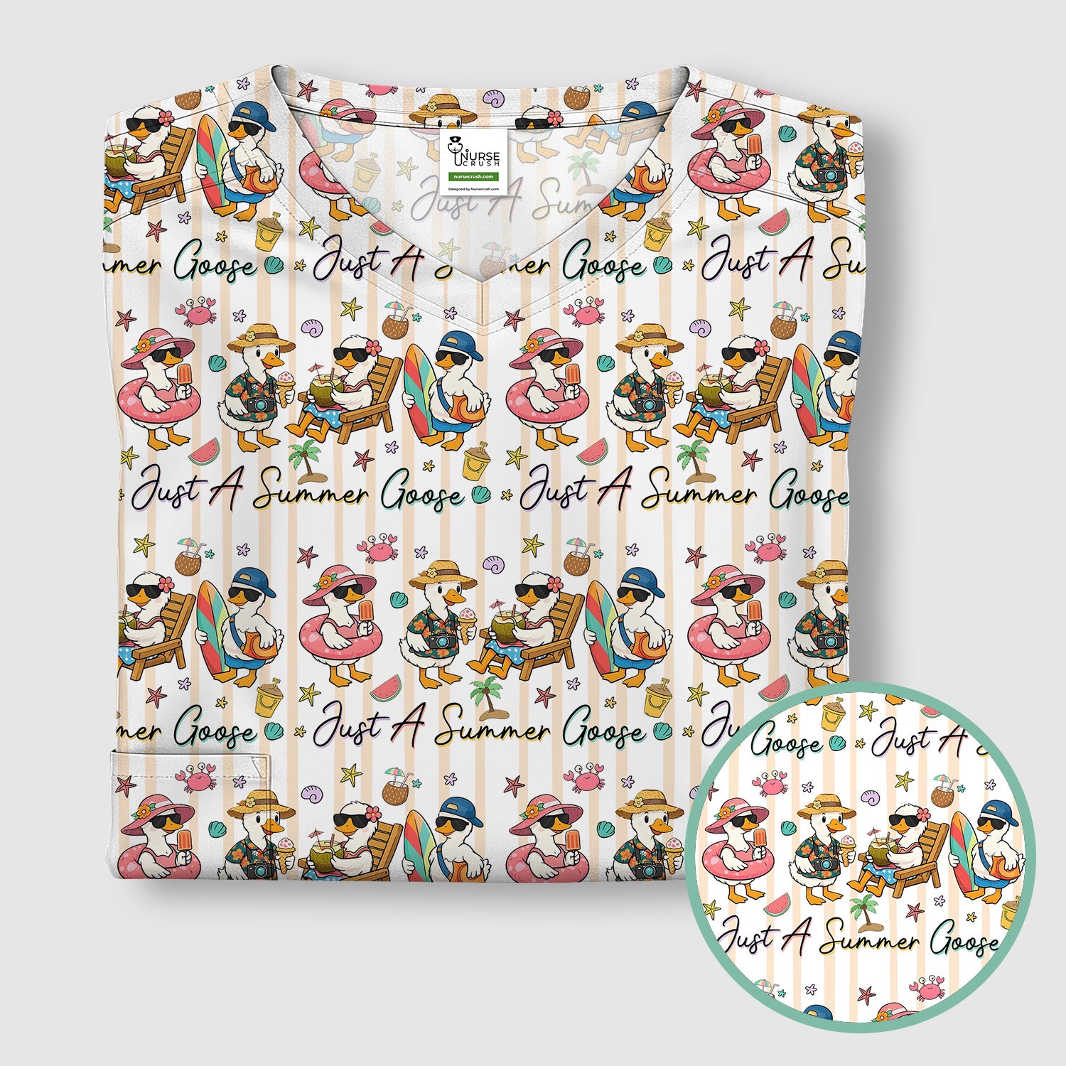 Summer Beach Goose Vacation Pattern Scrub Top, Comfortable Scrubs for Nurses