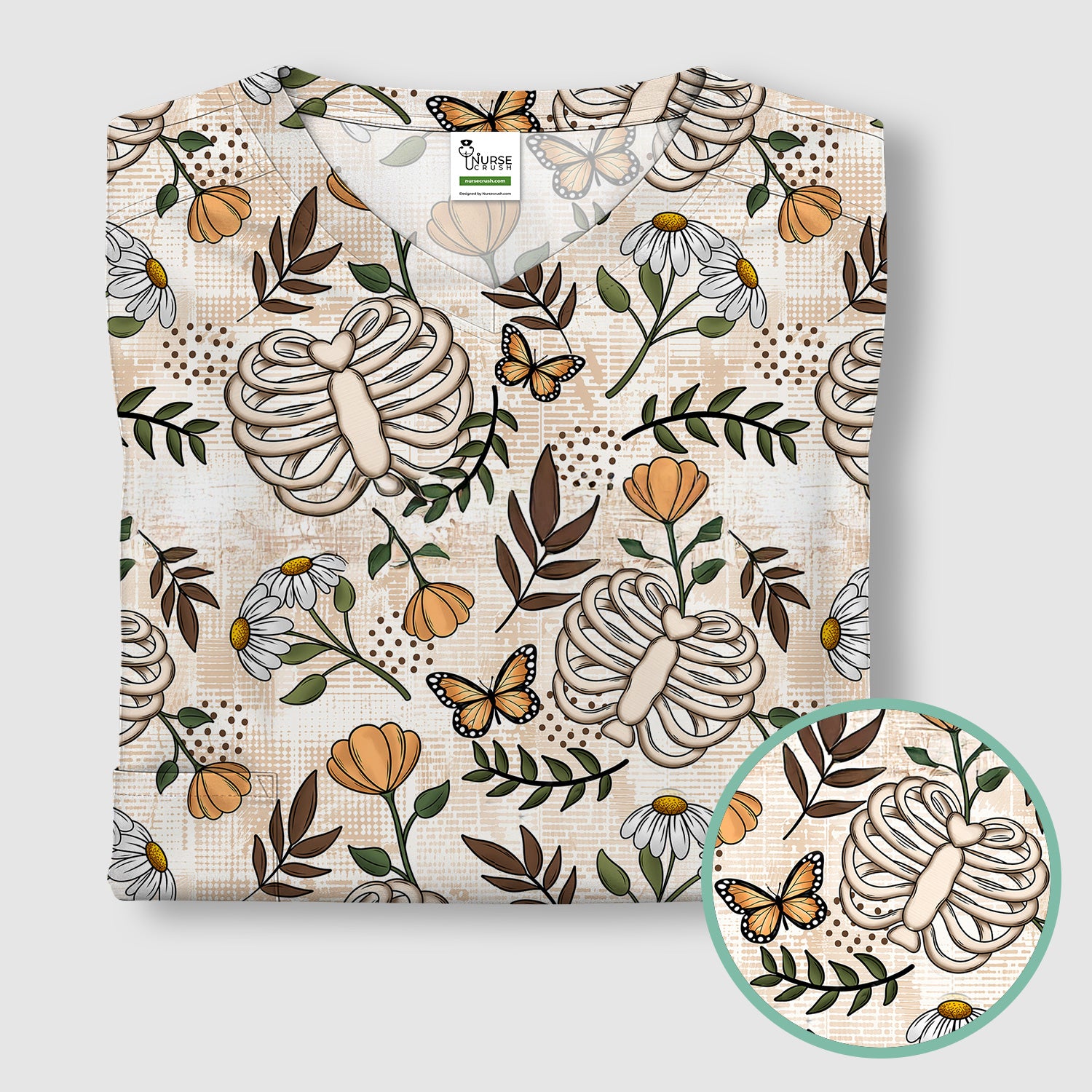 Skeleton Ribcage With Daisy And Butterfly Floral Scrub Top, Breathable Fabrics Nursing Uniform