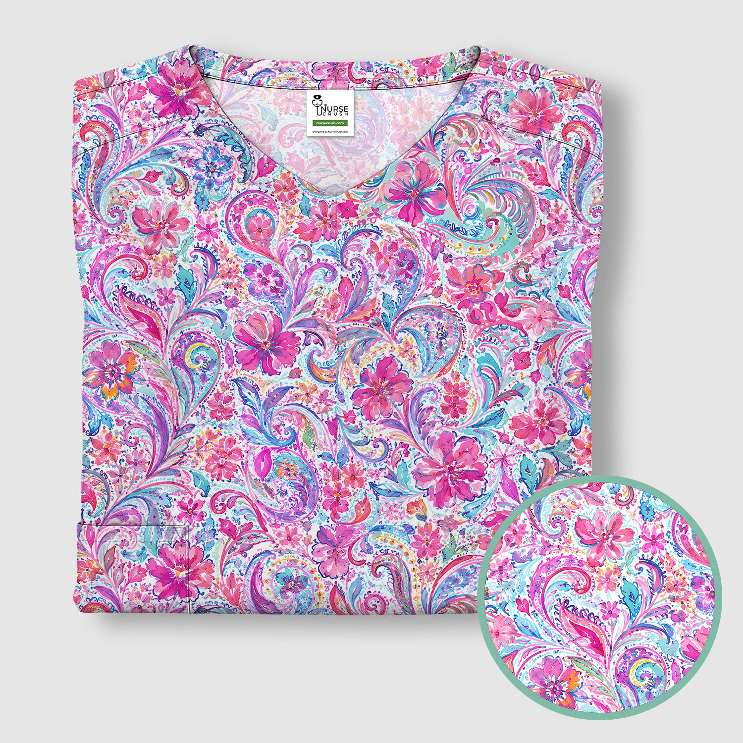 Elegant Pink Paisley Blossom Pattern Scrub Top, Comfortable Scrubs for Nurses