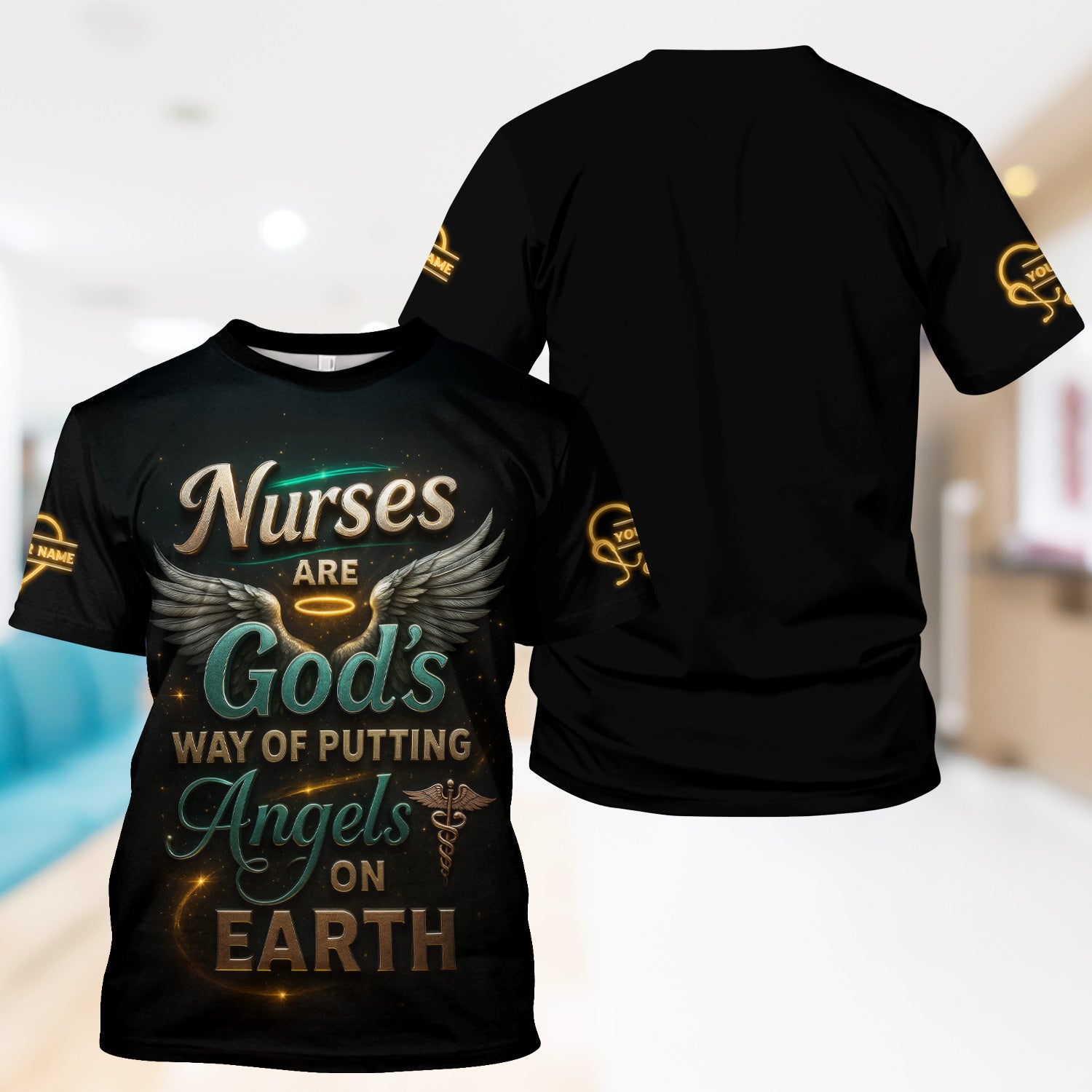 Custom Religious Nurse Scrub Shirt for Women - Angel Wings & Halo Graphic Uniform - Appreciation Gift for RN LPN CNA