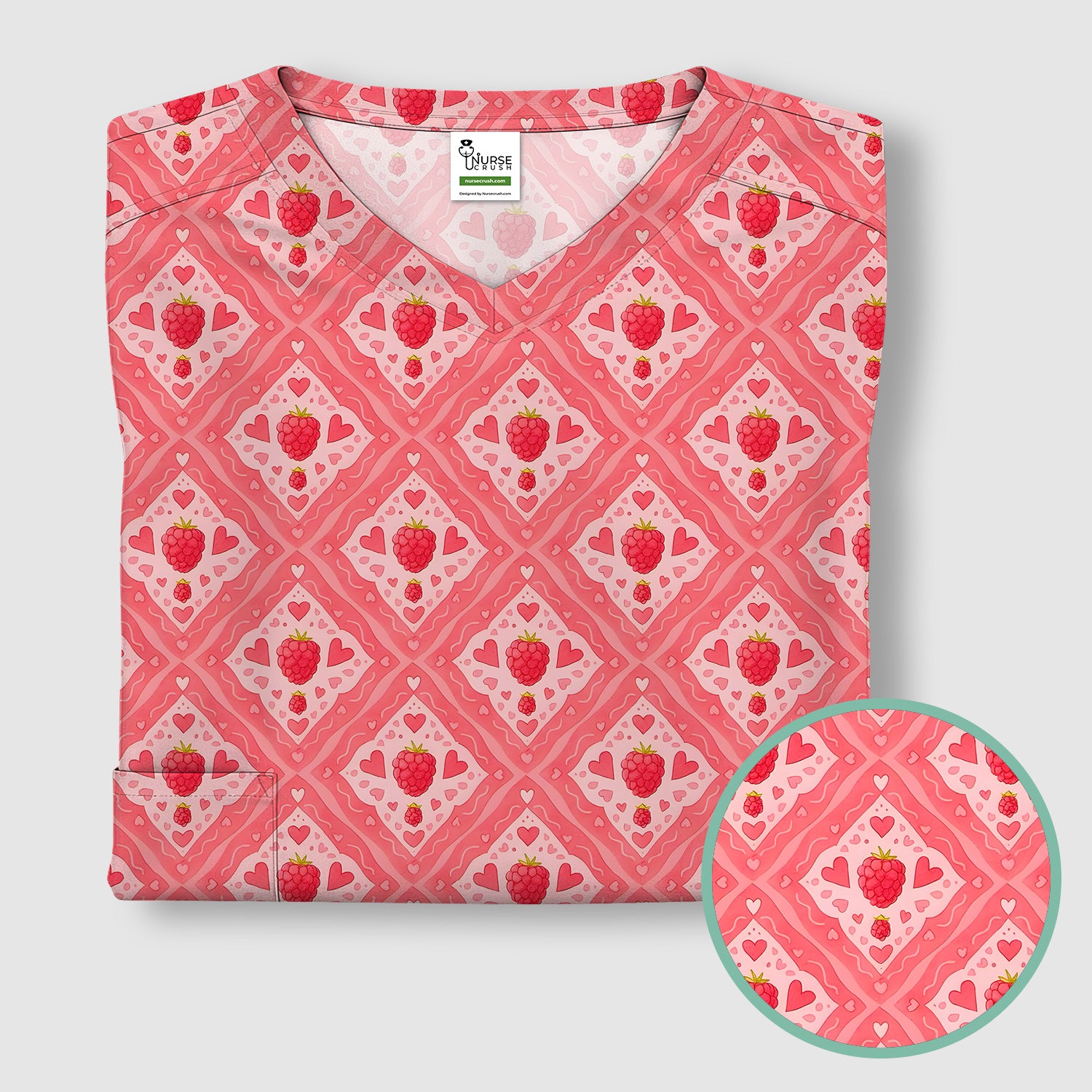 Cute Raspberry Heart Diamond Pattern Scrub Top, Comfortable Scrubs for Nurses