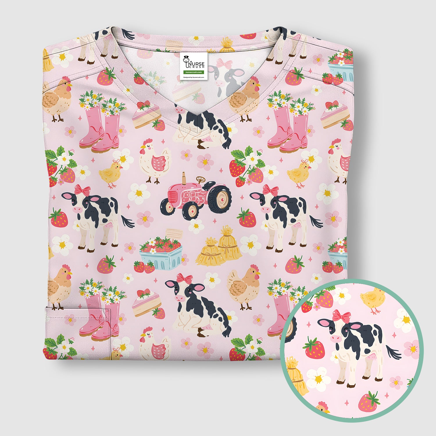 Cute Farm Animals & Strawberry Garden Pattern Scrub Top, Comfortable Scrubs for Nurses