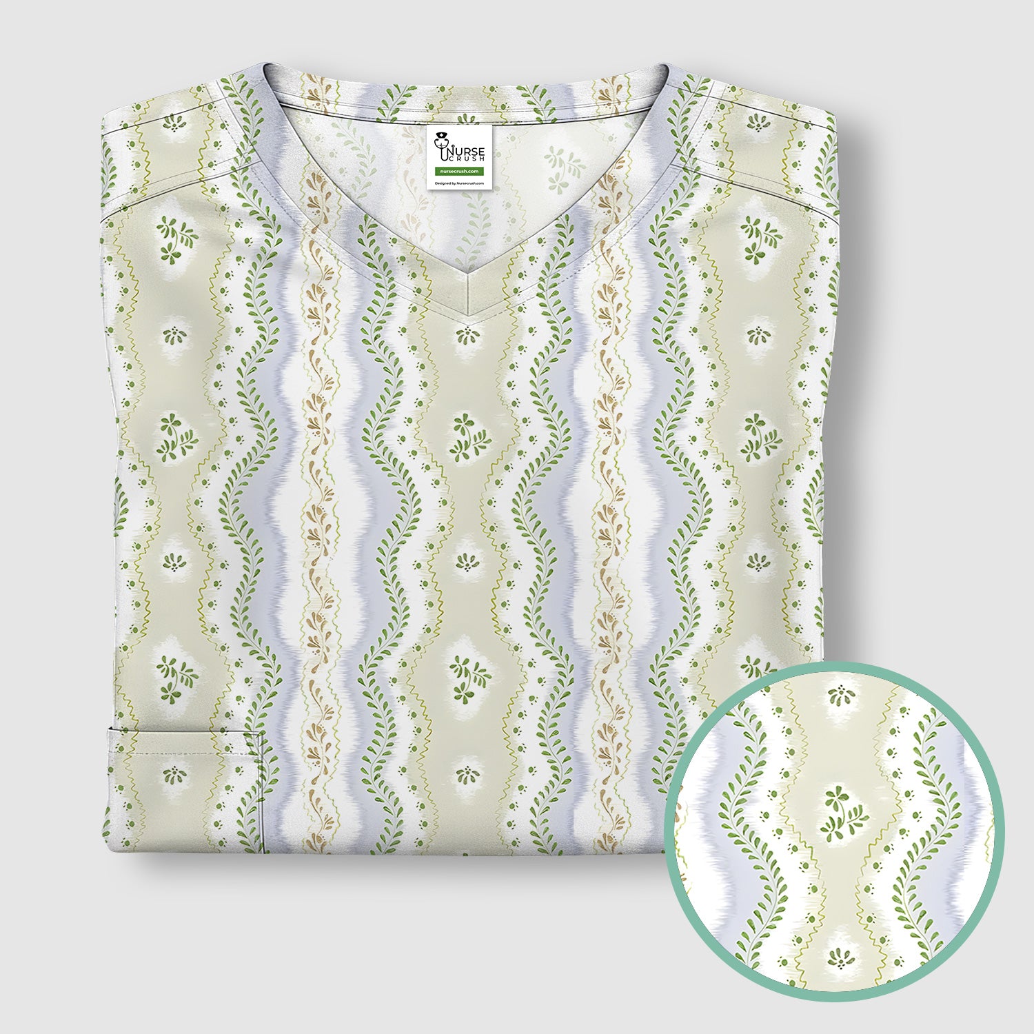 Wavy Stripe Botanical Pattern Scrub Top, Comfortable Scrubs for Nurses