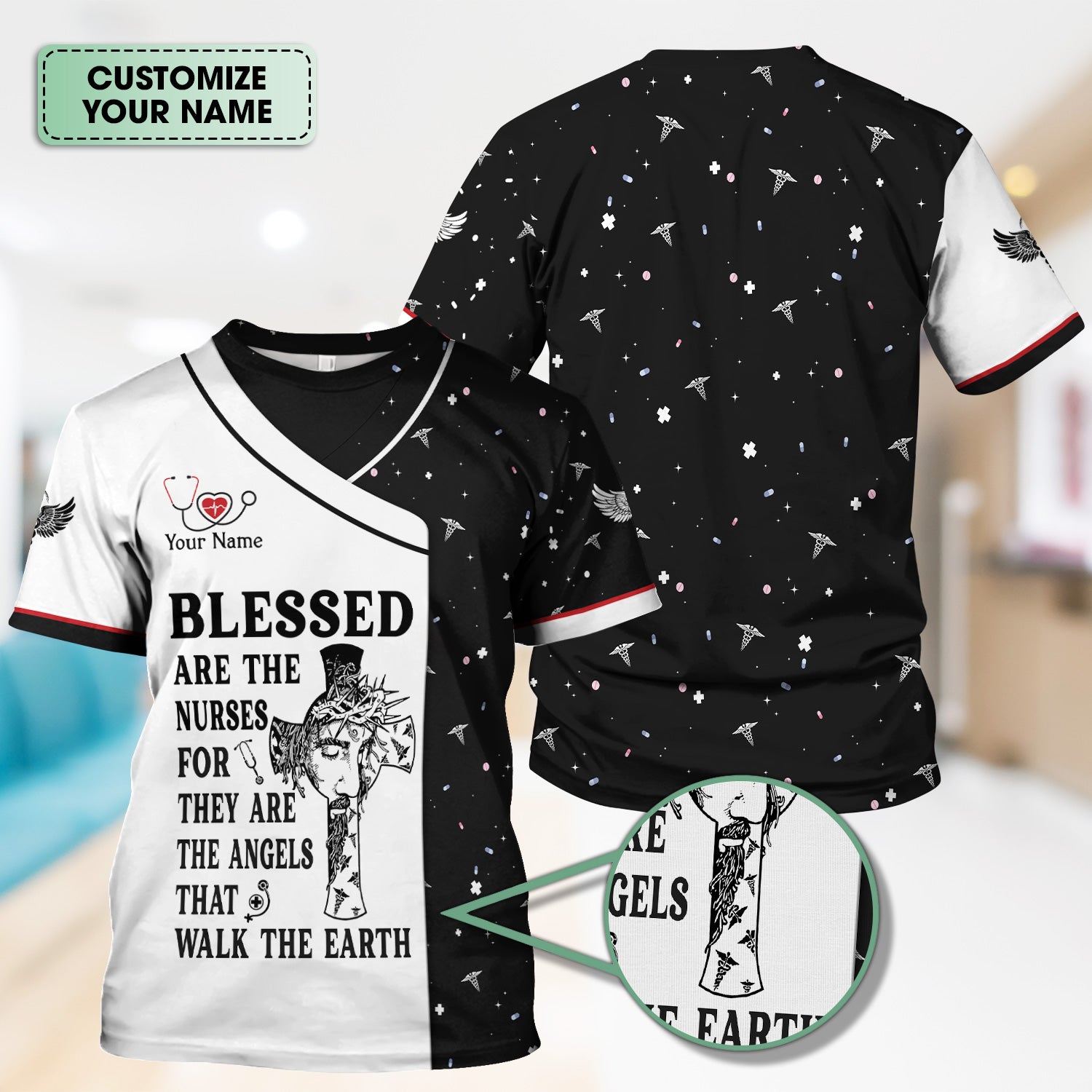 Personalized Christian Nurse Scrub Top - Jesus Cross & Angels That Walk The Earth Quote - Gift for Women RN LPN