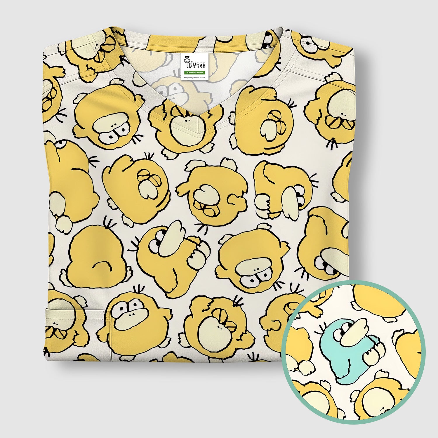 Funny Yellow Cartoon Duck Pattern Scrub Top, Comfortable Scrubs For Nurses