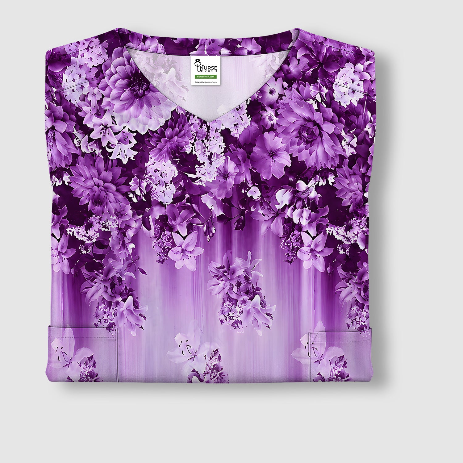 Purple Blossom Garden Pattern Scrub Top, Comfortable Scrubs for Nurses
