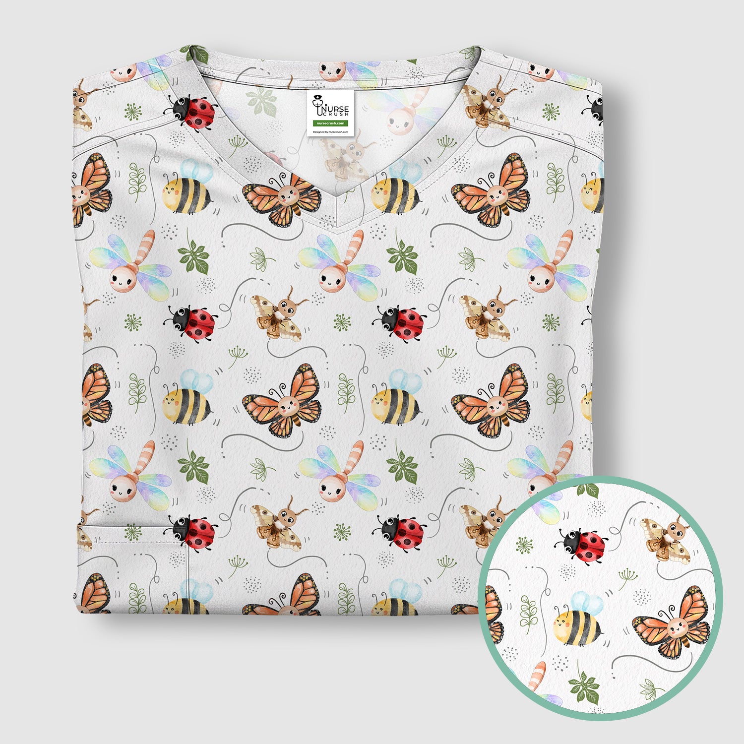 Colorful Garden Insect Pattern Scrub Top, Breathable Fabrics Nursing Uniform