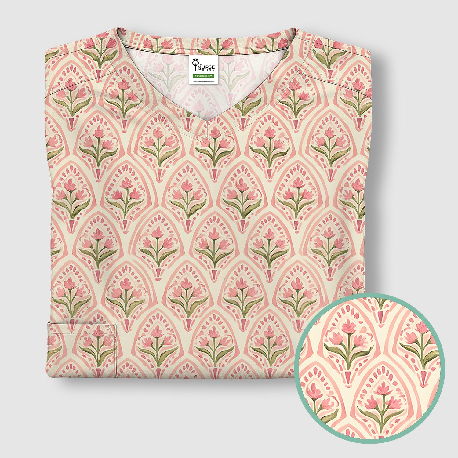 Pink Tulip Floral Arch Pattern Scrub Top, Comfortable Scrubs for Nurses