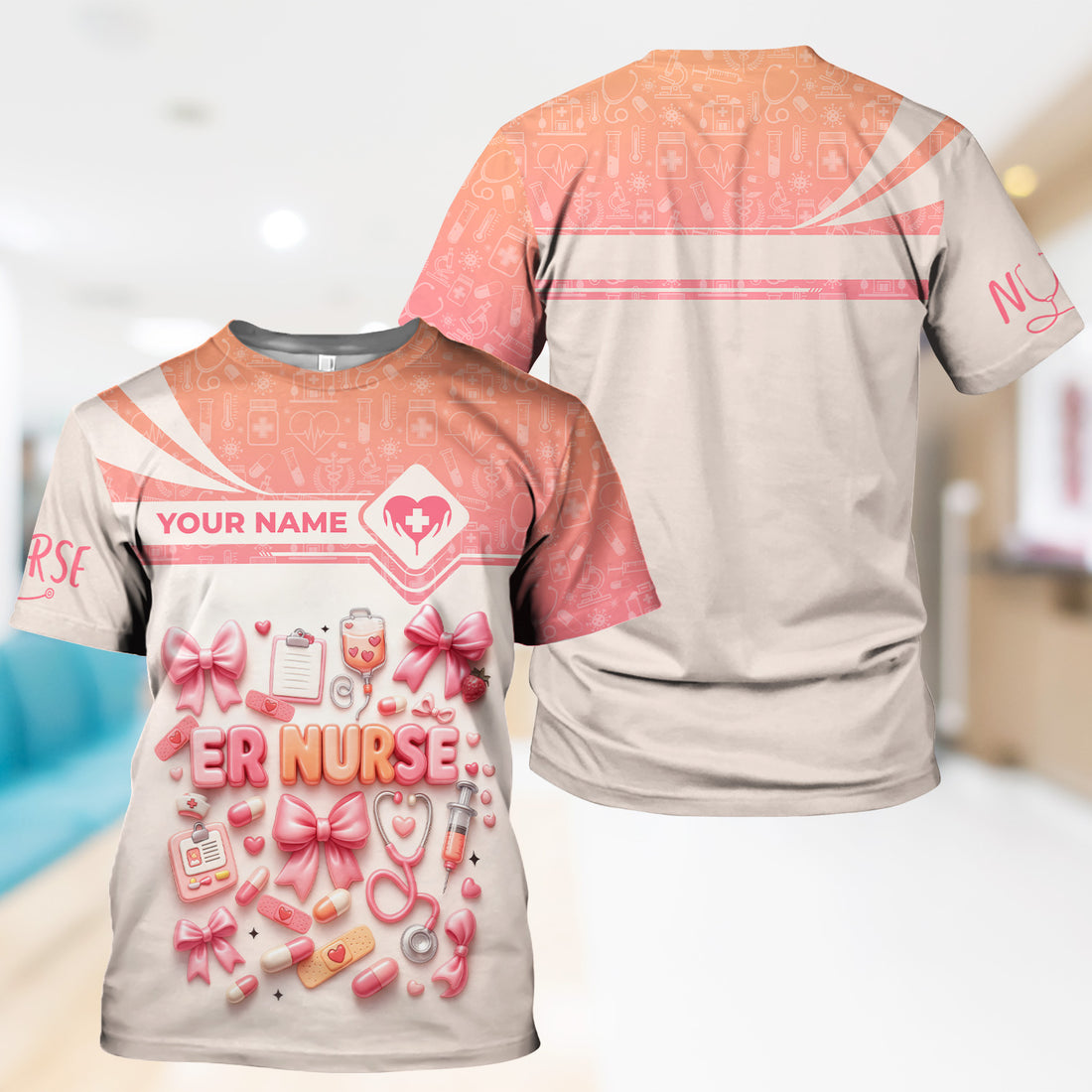 Personalized ER Nurse Scrub Shirt with Name - Cute All Over Print Medical Uniform - Funny Gift for Emergency Room Nurses