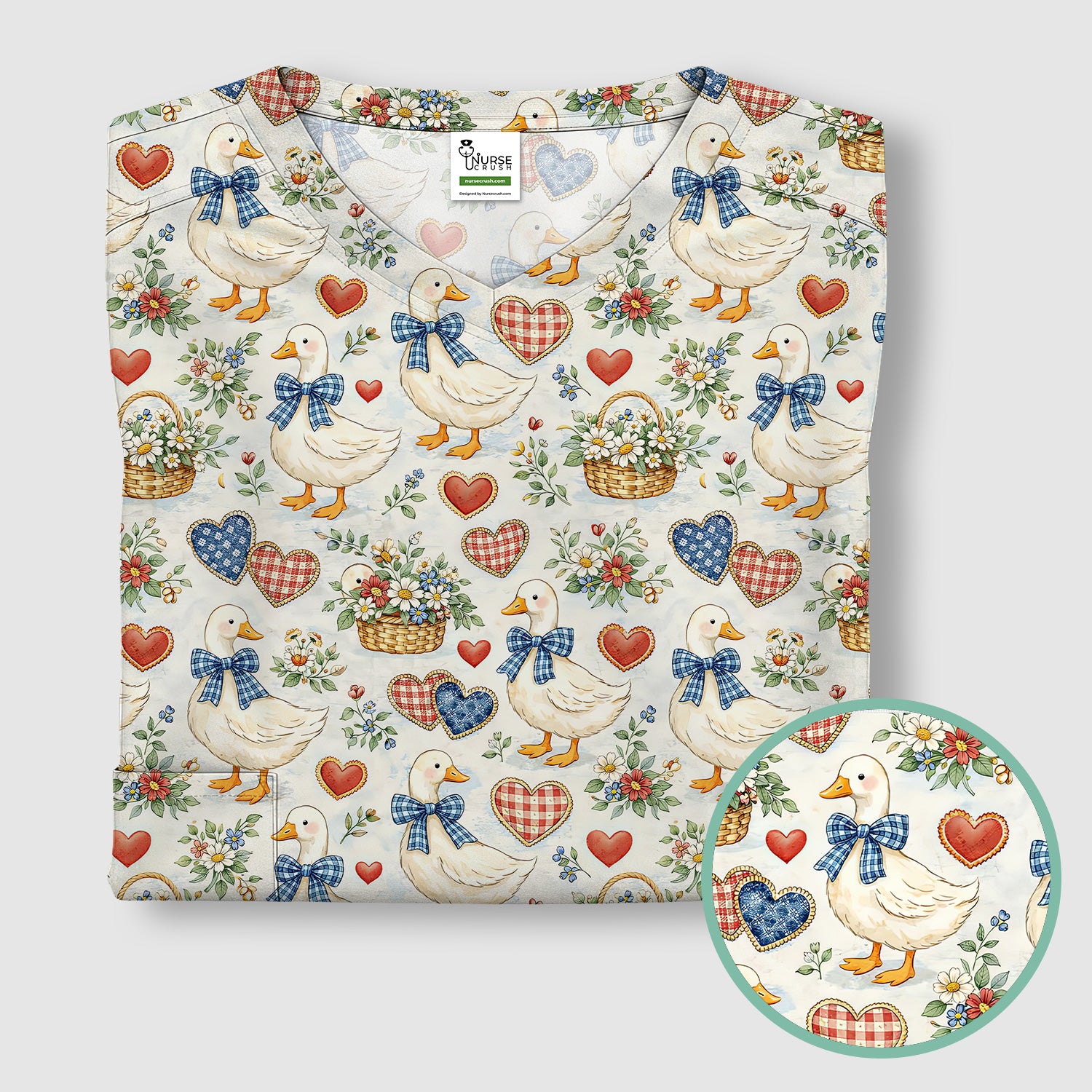 Cute Duck Heart Floral Nurse Pattern Scrub Top, Comfortable Scrubs for Nurses