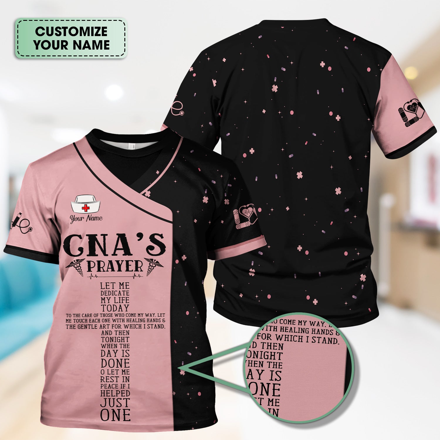 Personalized Nursing Faith Scrub for Women - CNA's Prayer & Caduceus Symbol Design - Gift for RN LPN Healthcare Workers