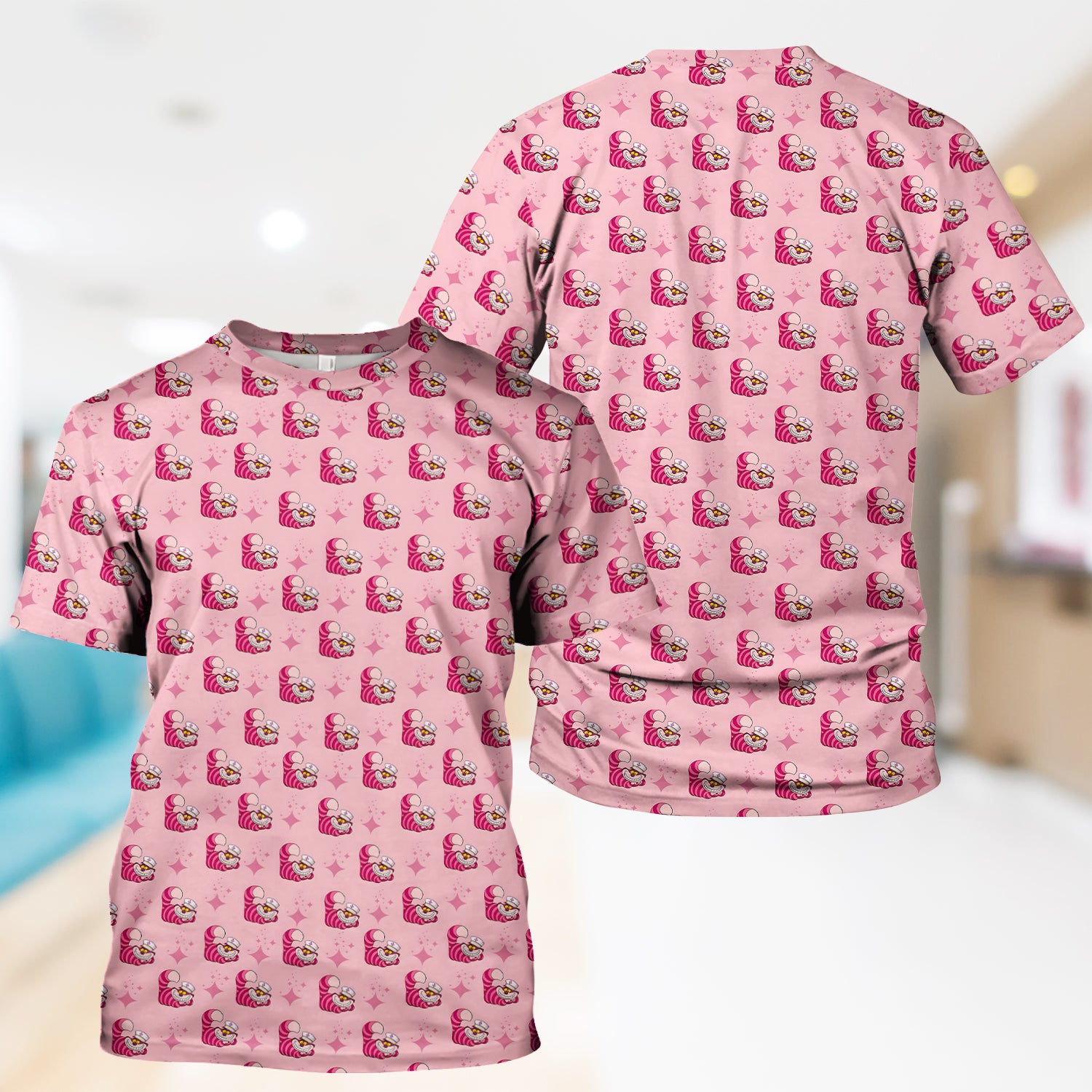 Cute Pink Mouse Print Nurse Scrubs - Funny Cartoon Animal Nursing Scrub Top For Women - Medical Uniform Gift For Healthcare Workers RN LPN CNA