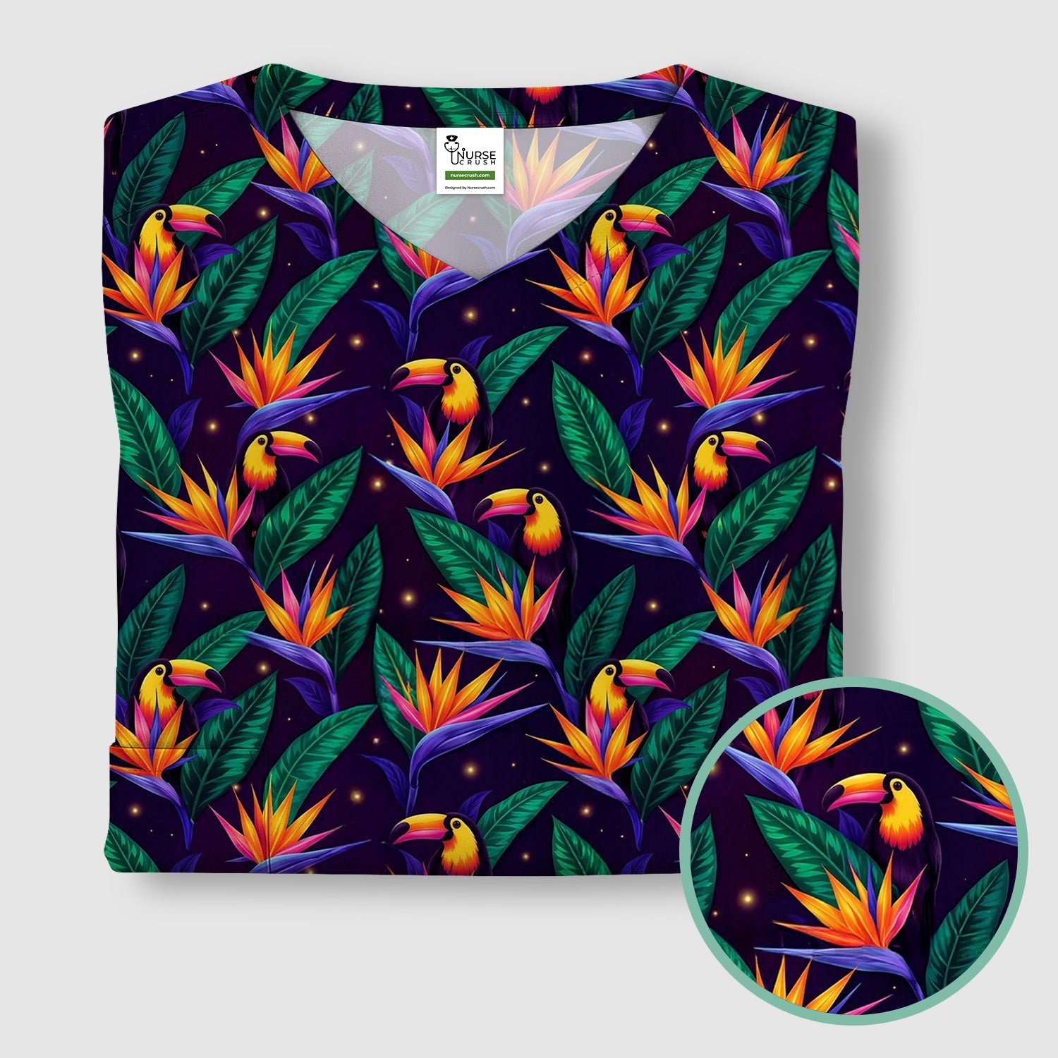 Tropical Toucan Bird Paradise Leaves Pattern Scrub Top, Comfortable Scrubs for Nurses