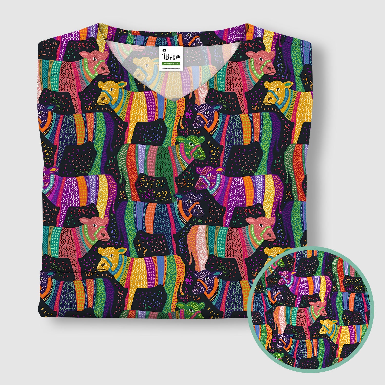 Vibrant Patchwork Rainbow Cow Pattern Scrub Top, Comfortable Scrubs for Nurses