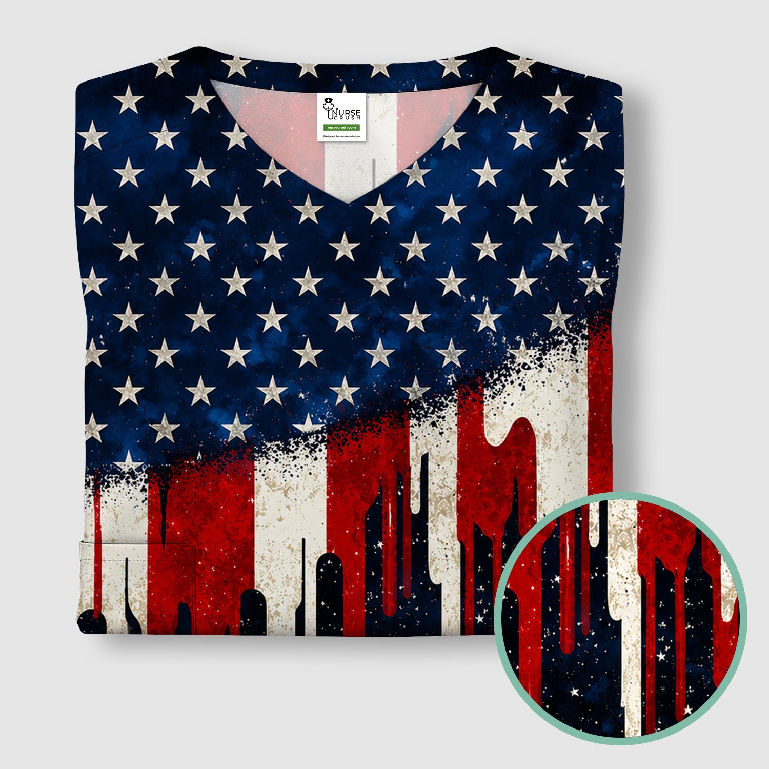 Festive Patriotic Dripping Flag Pattern Scrub Top, Comfortable Scrubs for Nurses