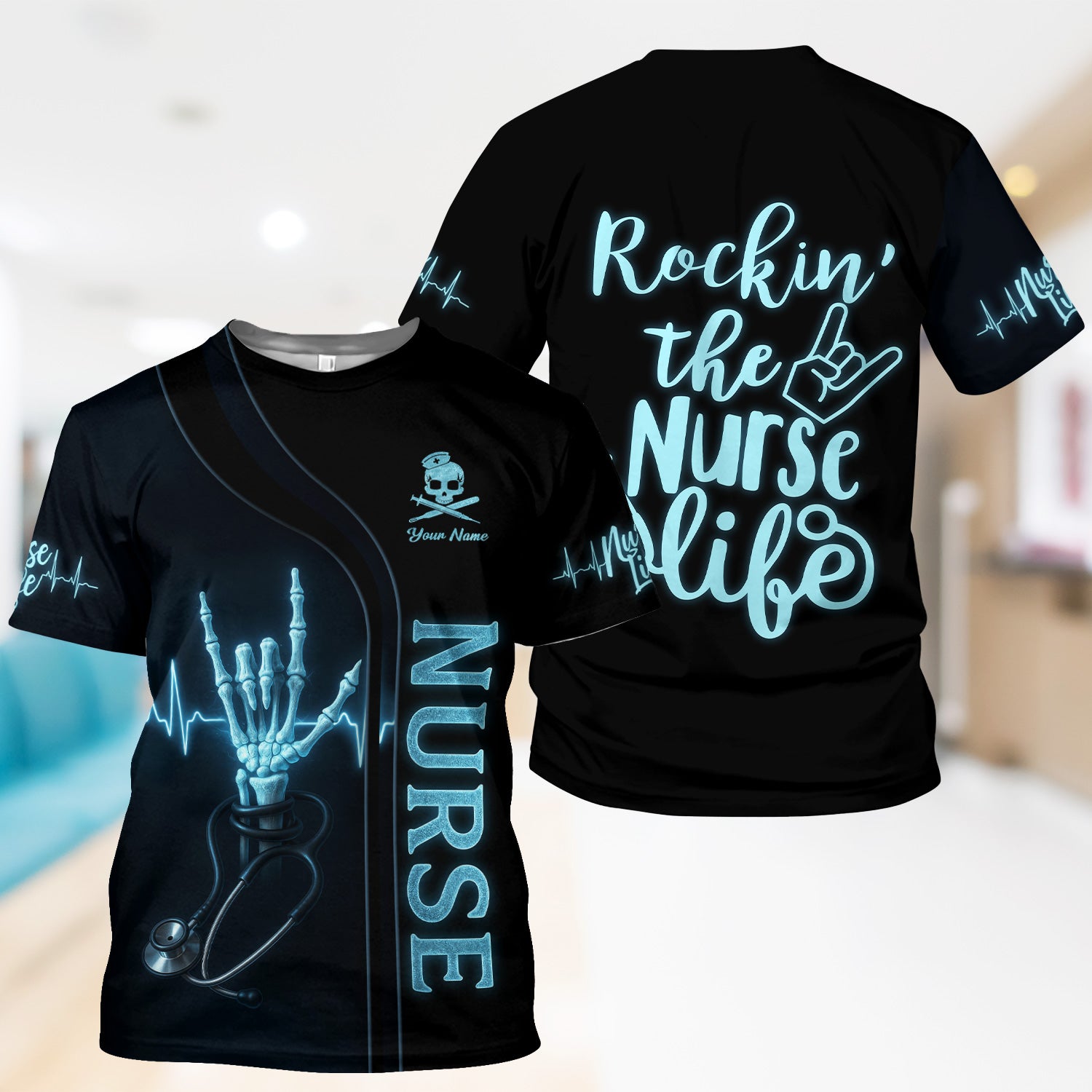 Custom Skeleton Hand Nurse Scrub Top - Rockin the Nurse Life  Quote - Gift for RN, CNA, LPN, Healthcare Worker