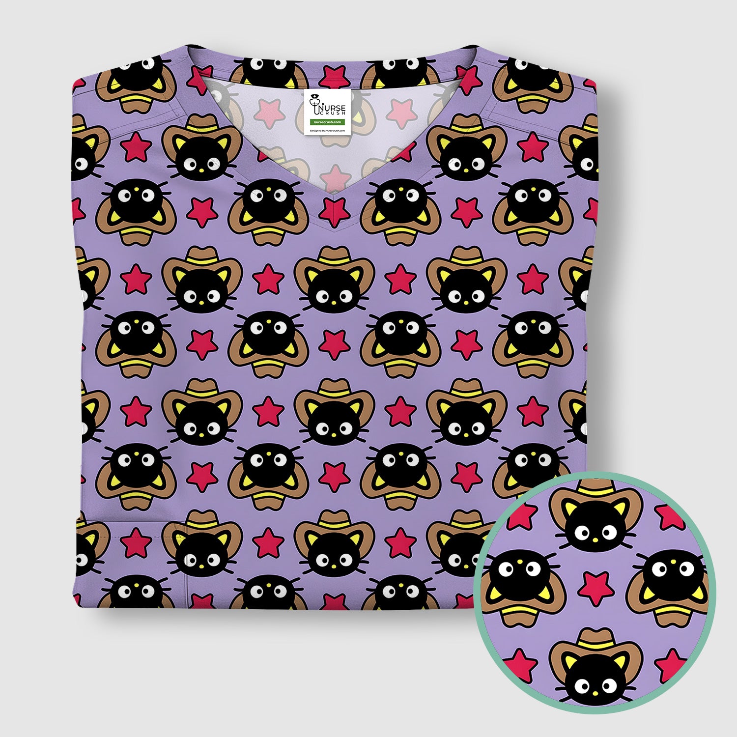 Cute Cartoon Cowboy Cat PatternScrub Top, Comfortable Scrubs for Nurses